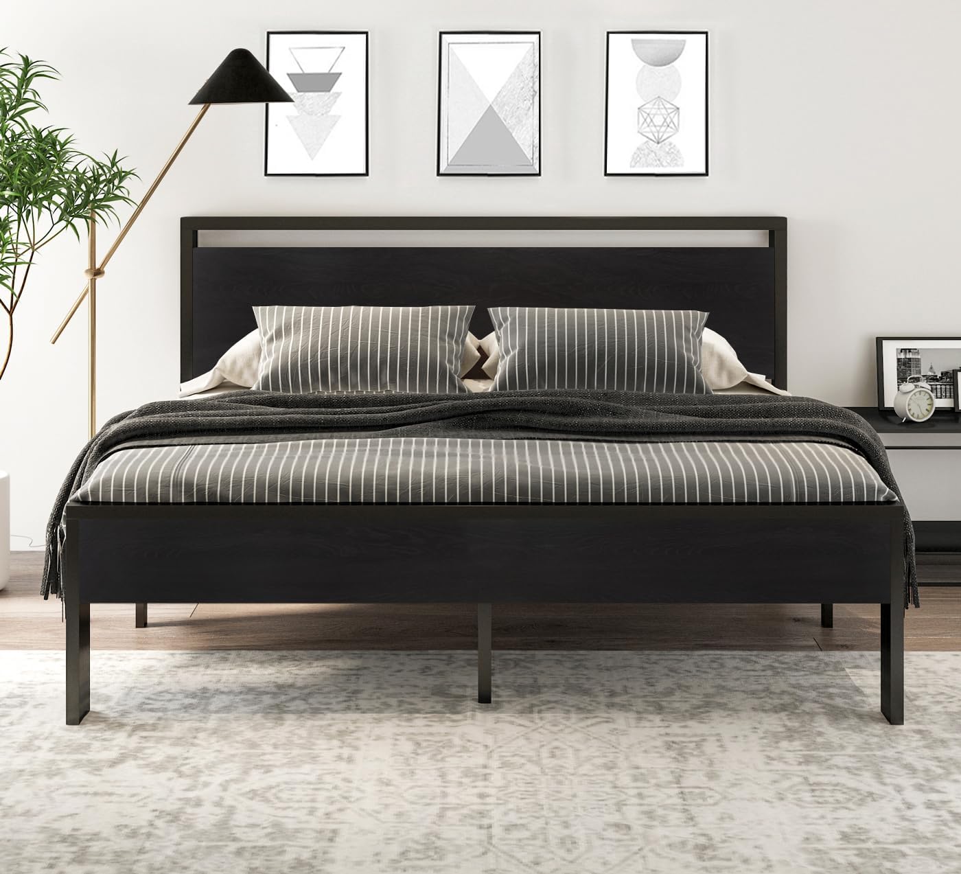 King Size Metal Platform Bed Frame with Wooden Headboard and Footboard, Mattress Foundation, No Box Spring Needed