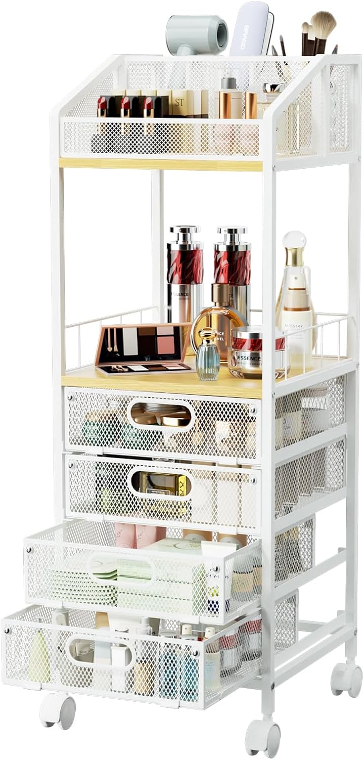 Makeup Organizer Storage Cart - Floor Skincare Make Up Storage with 4 Drawers, Rolling Makeup