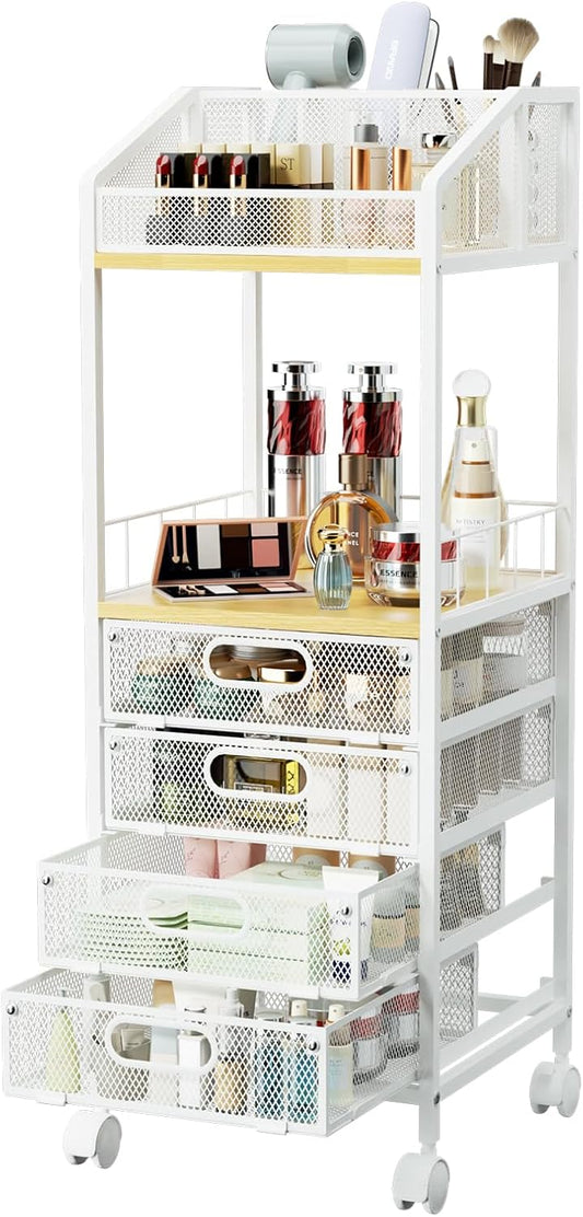 Makeup Organizer Storage Cart - Floor Skincare Make Up Storage with 4 Drawers, Rolling Makeup