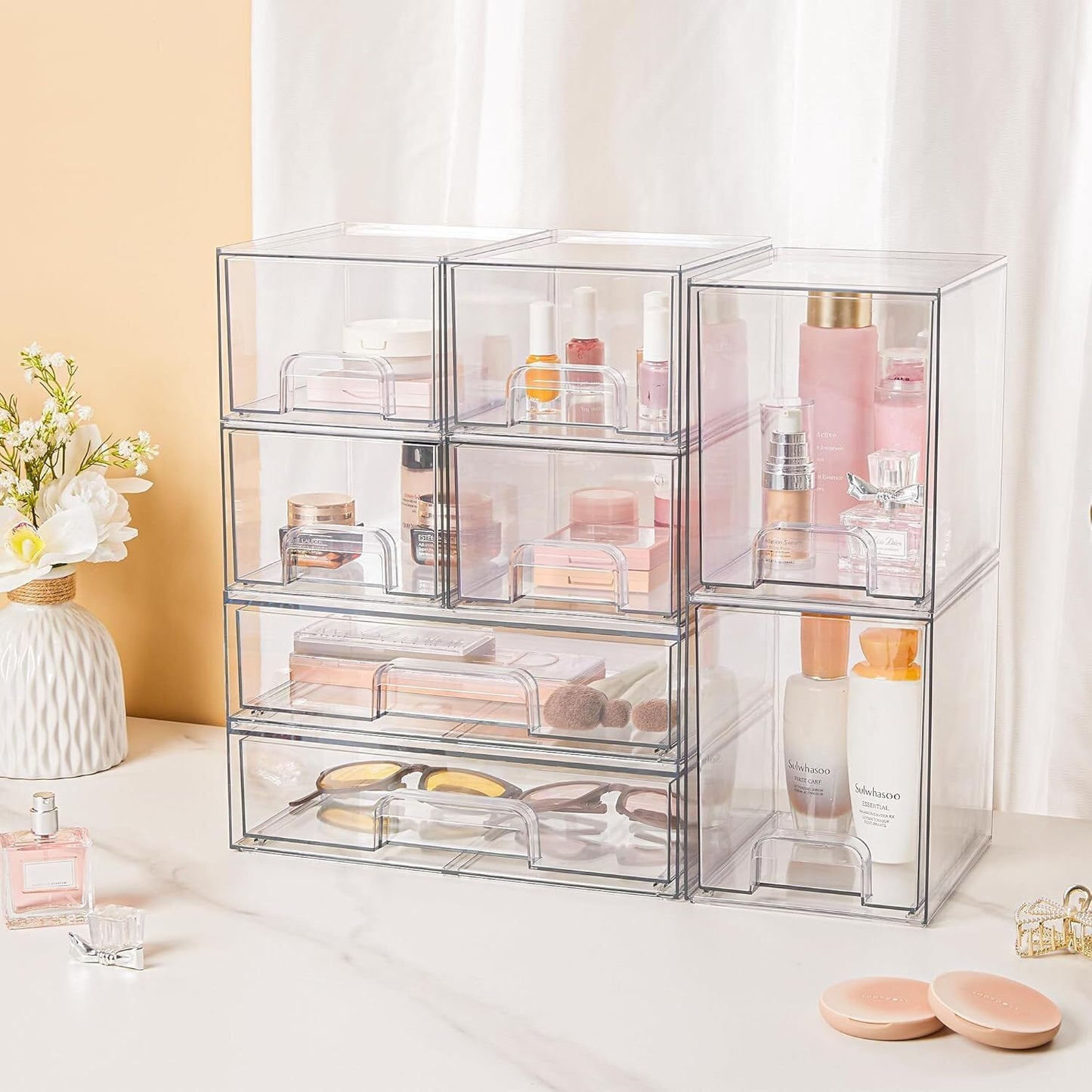 Stackable Storage Drawers Set of 5, Clear Plastic Organizer Bins for  Bottle, Supplies Storage
