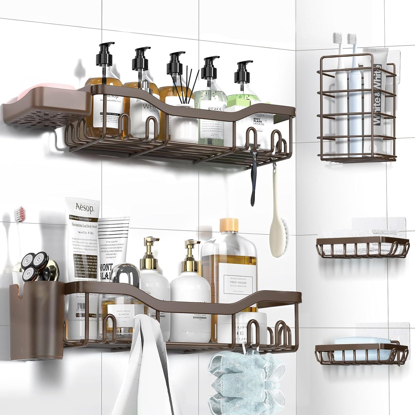 Shower Caddy Adhesive Shower Organizer 7-Pack, No-Drill Rack Storage Accessories