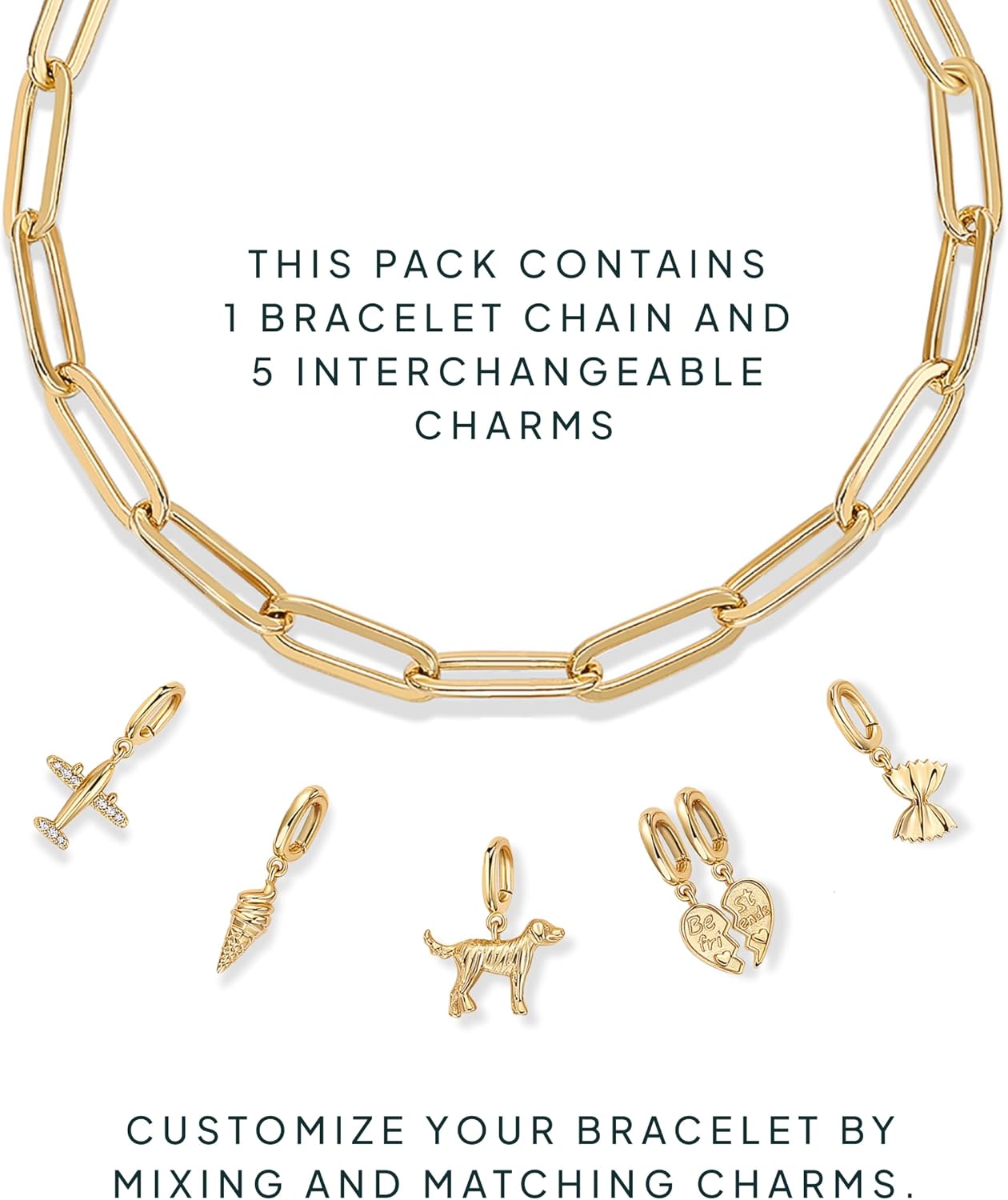 14K Gold Plated Adjustable Bracelet for Women | Twisted Bar & Paperclip Charm Chain Bracelets with Moon, Evil Eye