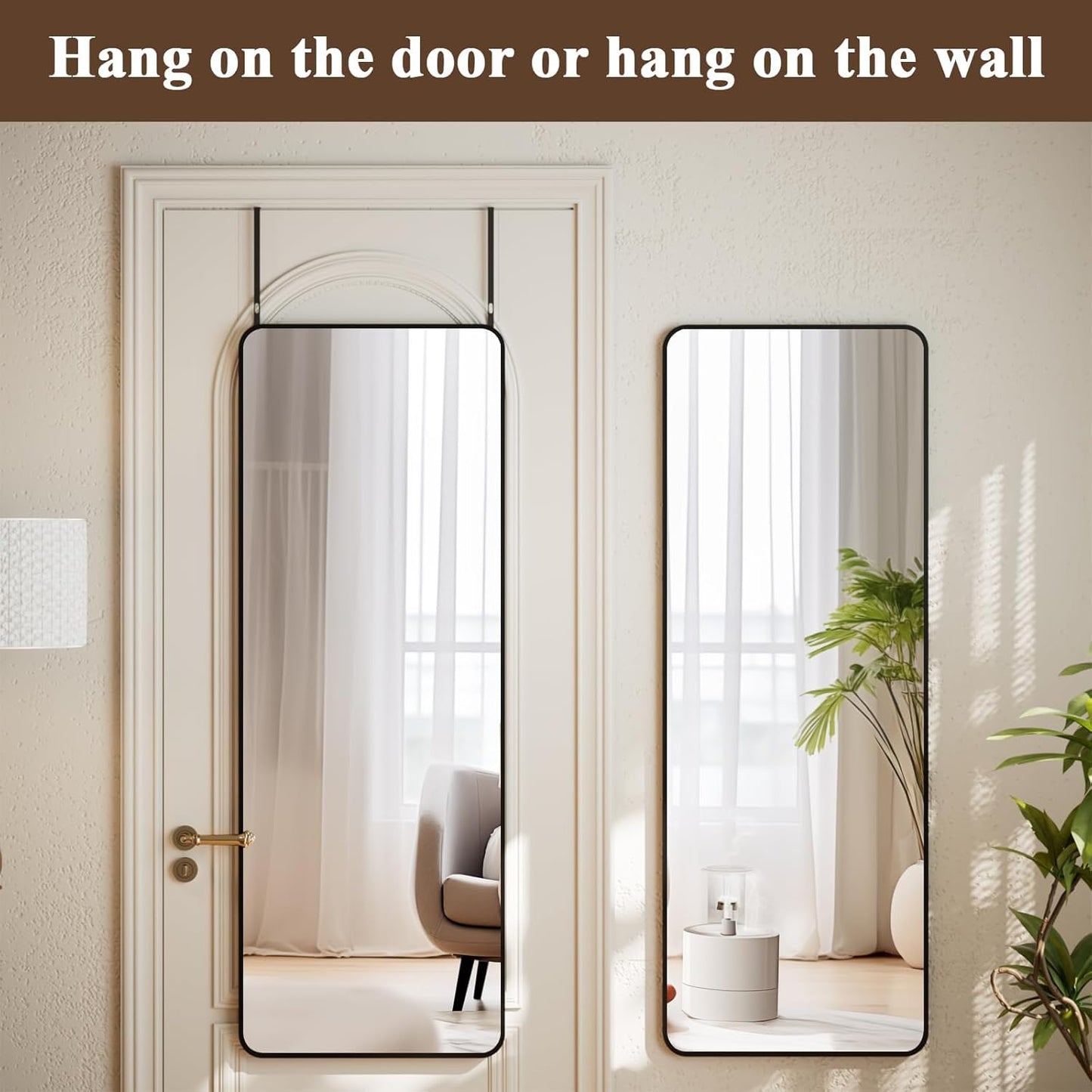 14"x48" Full Length Over The Door Mirror - Aluminum Alloy Frame Full with Height-Adjustable Hangers