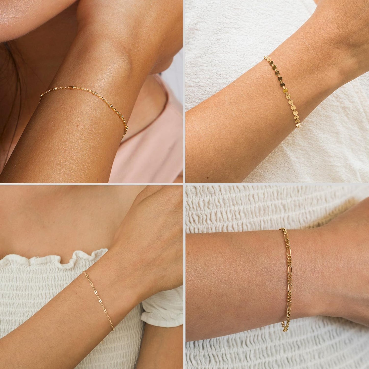 Gold Bracelets - Real 14K Women's Cute Tennis Cubic Beaded Link Paperclip Dainty Bracelet Pack