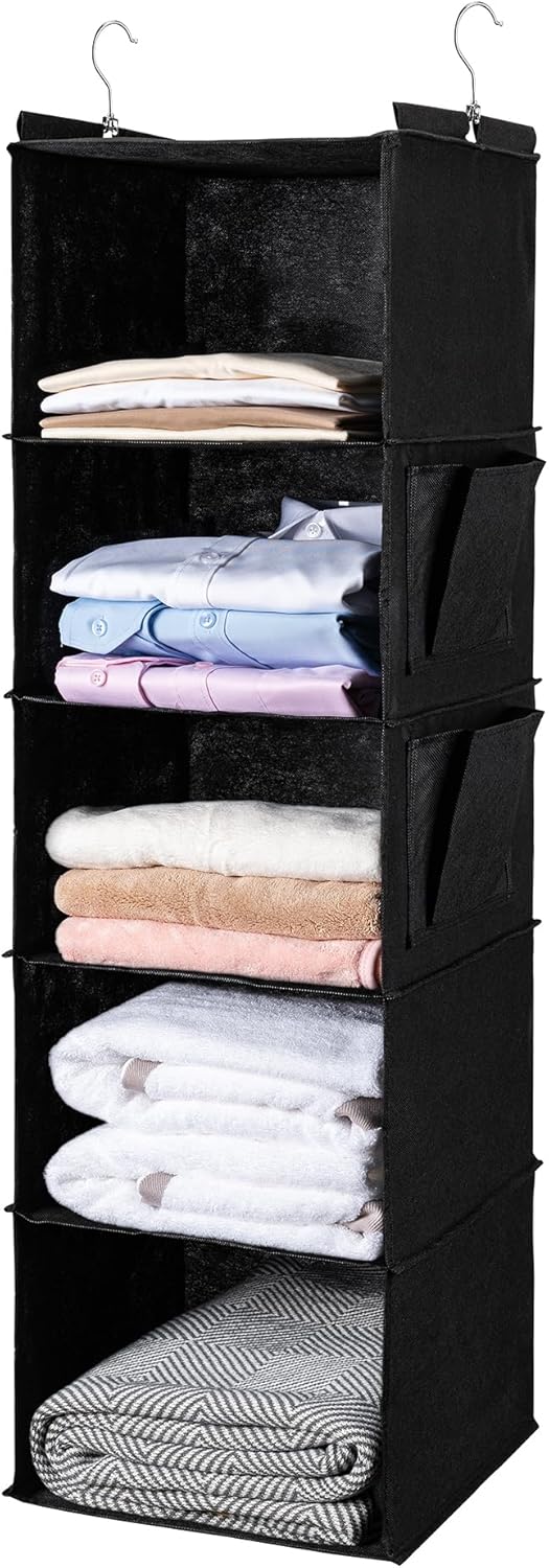 Hanging Closet Organize and Shelves，5-Hanging Shelf with 2 Side Pockets，Storage Foldable