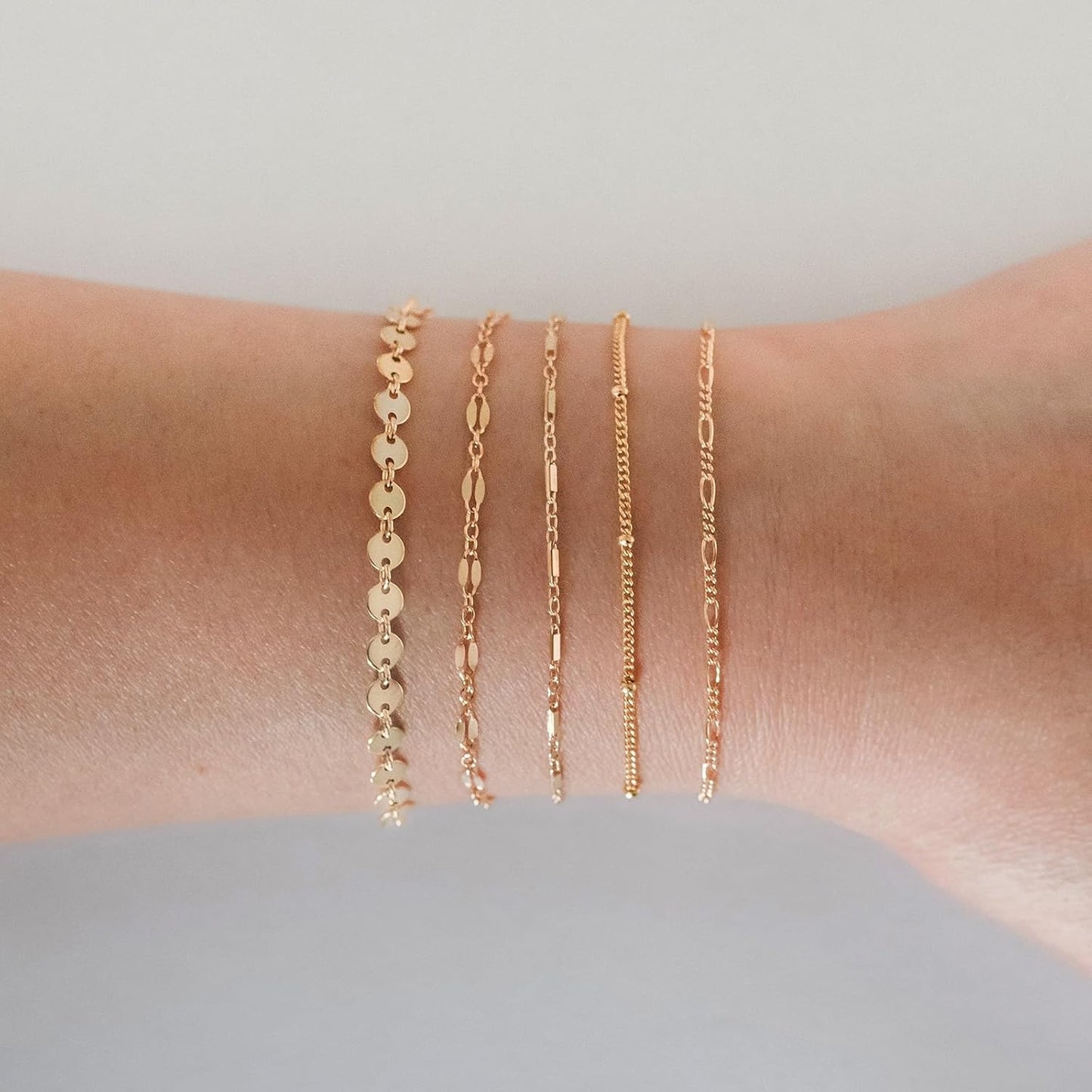 Gold Bracelets - Real 14K Women's Cute Tennis Cubic Beaded Link Paperclip Dainty Bracelet Pack