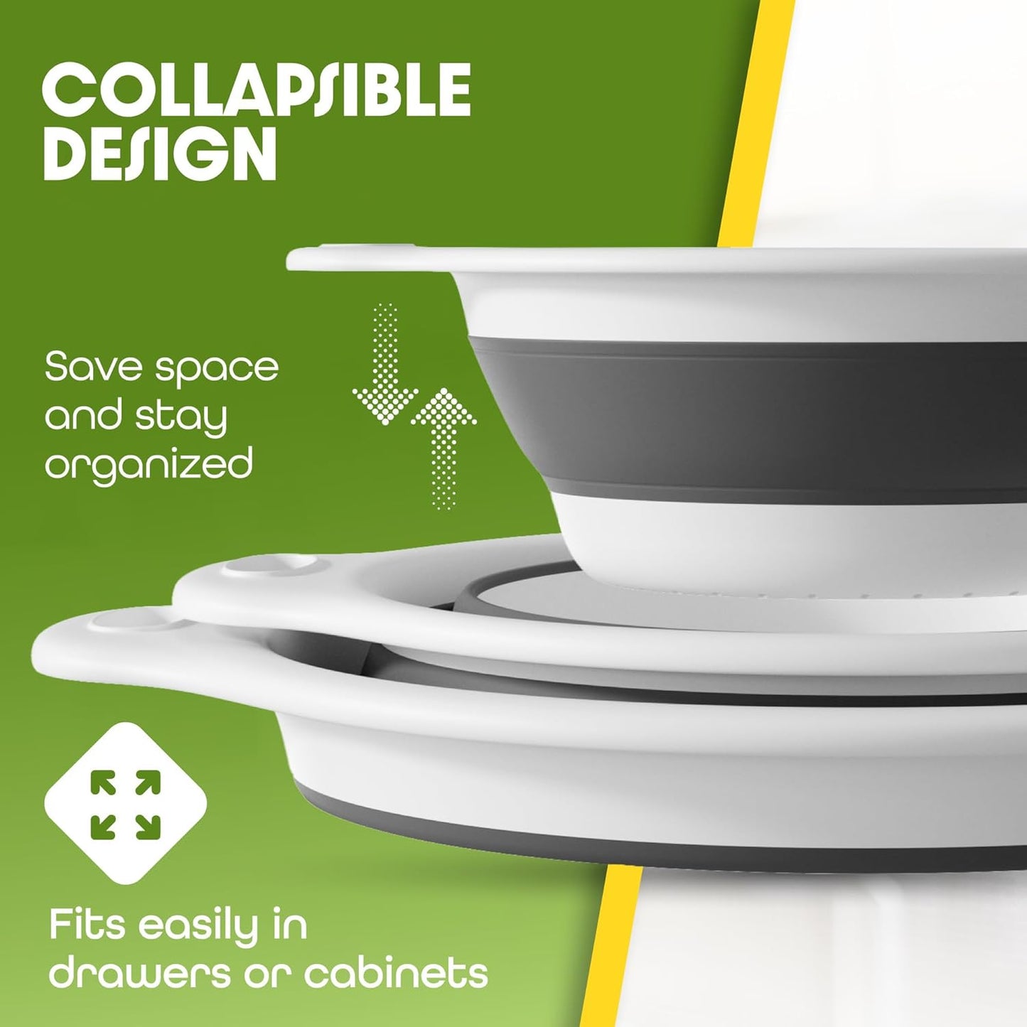 with Over-Sink Water Draining Base for Pasta Fruits and Vegetables, White (3 Sizes, 3QT, 4QT and 5 Quart)