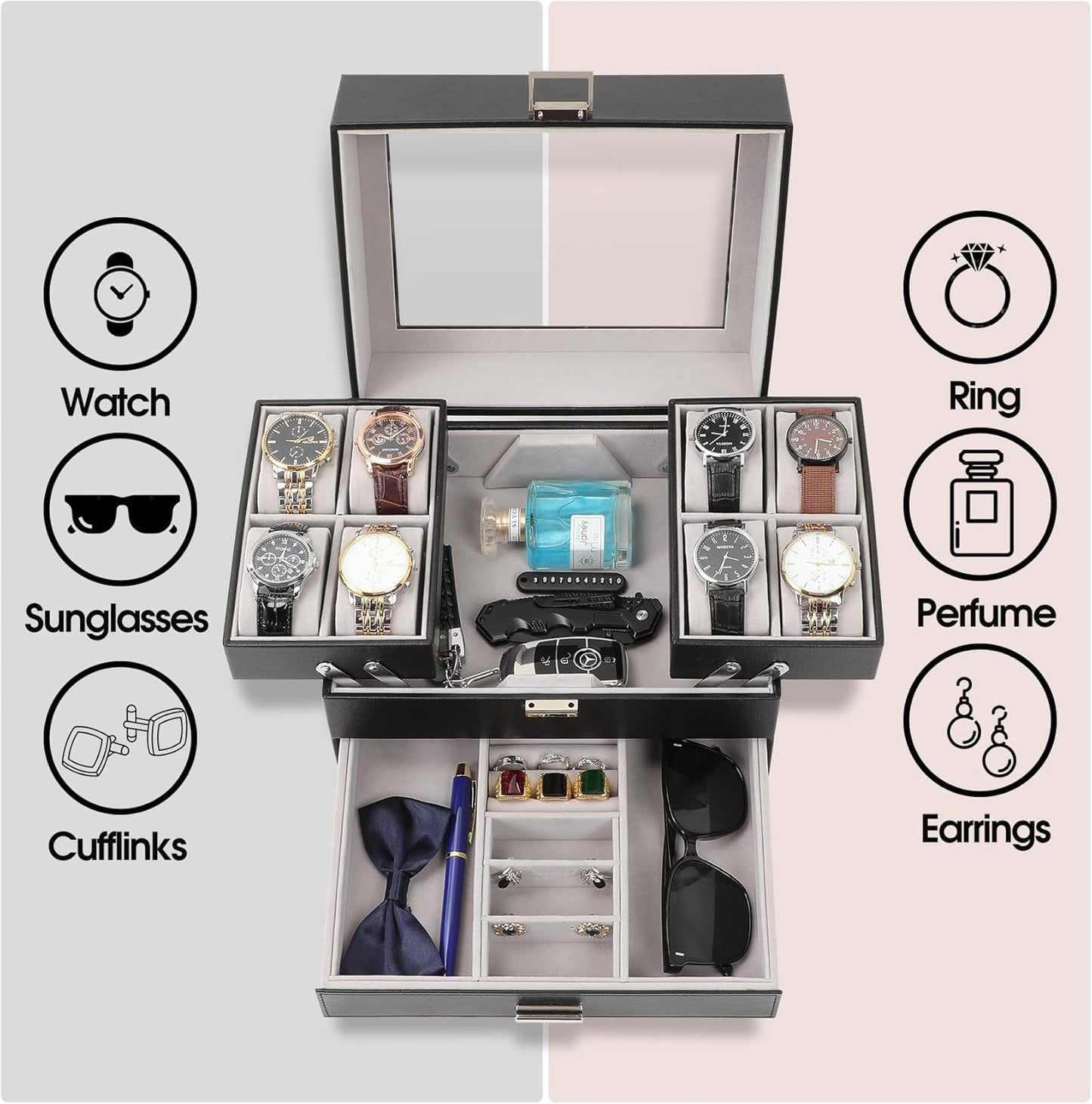 Watch Case for Men, 8 Slot Watch Display Case, 3 Layers Large Sunglass Storage Organize