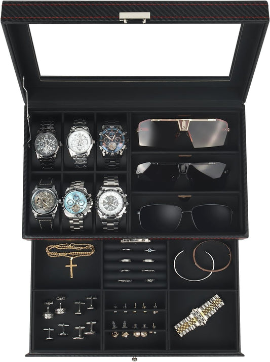6-Slot 2-Layer Watch Case and Sunglasses Storage with Large Glass Lid, Men's Jewelry Box with Lock