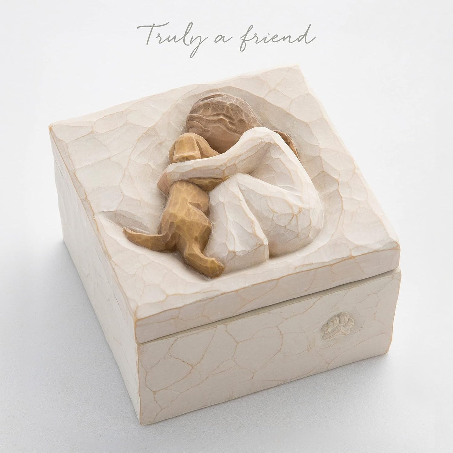 Box for Jewelry and Treasures with Bas-Relief Carving of Girl with Puppy Dog, Sculpted Hand-Painted Keepsake Box