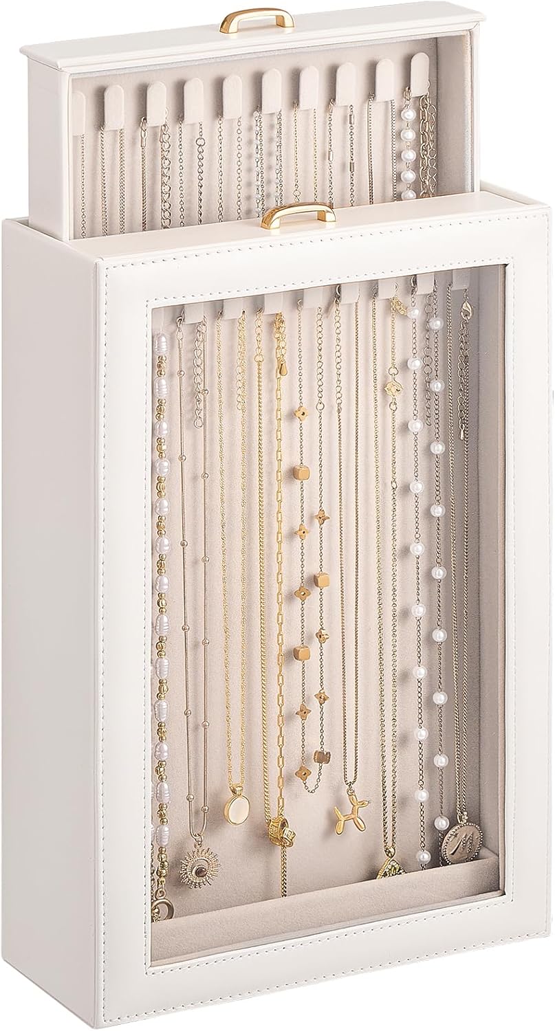 Necklace Organizer Box, 2-Layer Jewelry Storage Boxes with Clear Lid, Tangle-Necklace Display Case