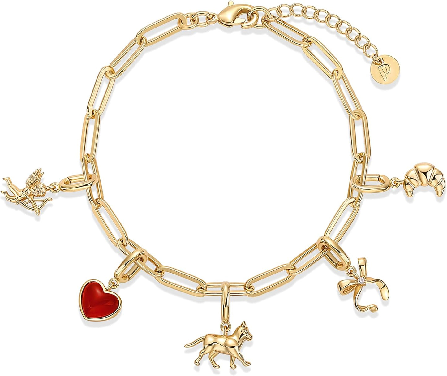 14K Gold Plated Adjustable Bracelet for Women | Twisted Bar & Paperclip Charm Chain Bracelets with Moon, Evil Eye