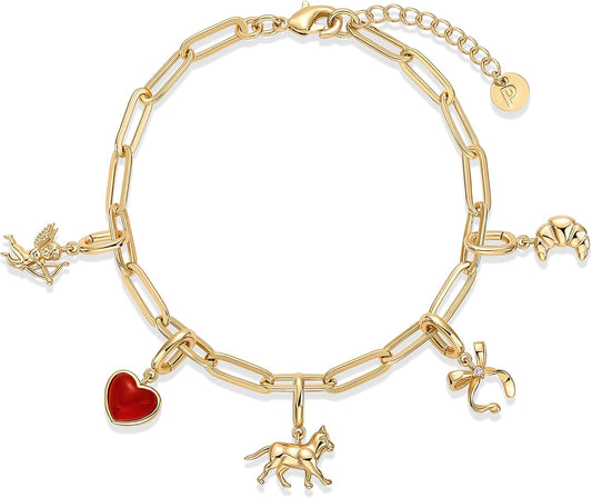 14K Gold Plated Adjustable Bracelet for Women | Twisted Bar & Paperclip Charm Chain Bracelets with Moon, Evil Eye