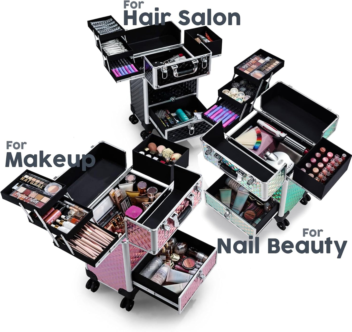 Rolling Makeup Case Cosmetic Travel Trolley Storage Sliding Drawer 4 Tray Makeup Travel Case