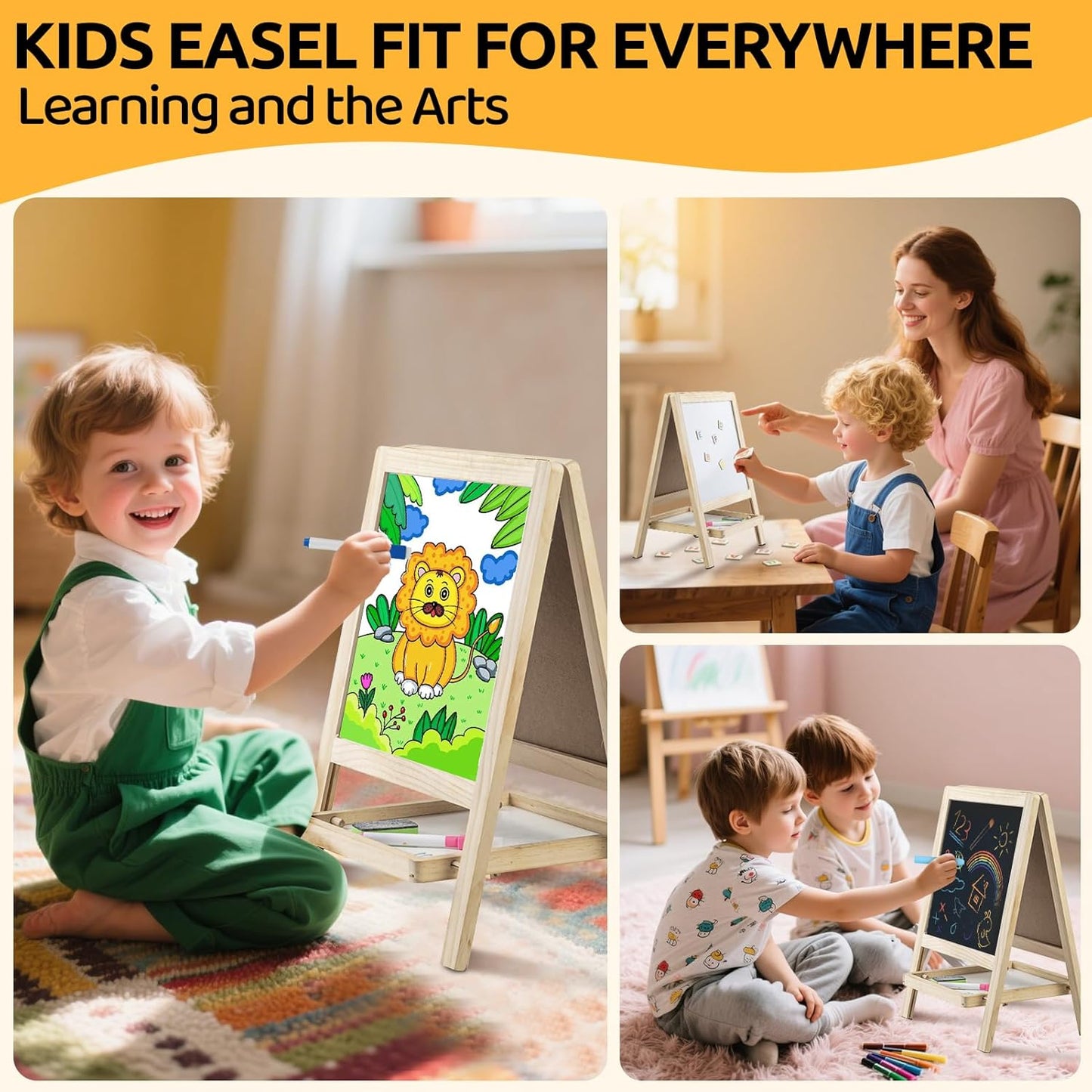 OMOMMD Tabletop Wooden Art Painting Easel for Kids 2-4, Chalkboard & Double-Sided Drawing Whiteboard for Toddlers, 4-in-1 Desk Easel with Magnetic Letters/Numbers & Flashcards Markers, Eraser