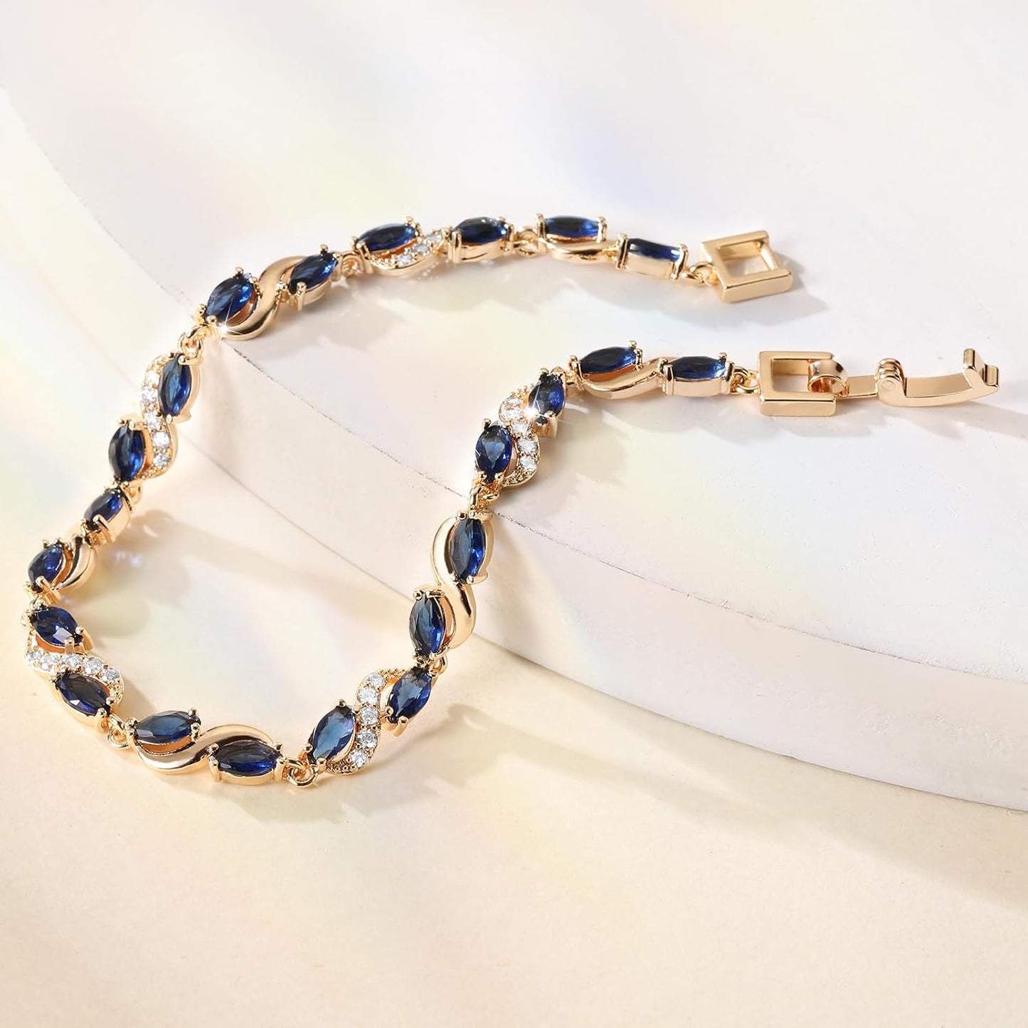 Eternity Bracelet Blue Cubic Zirconia, Sapphire Bracelet, 18K Gold Plated Hypoallergenic Bracelets -7.48inch/190mm