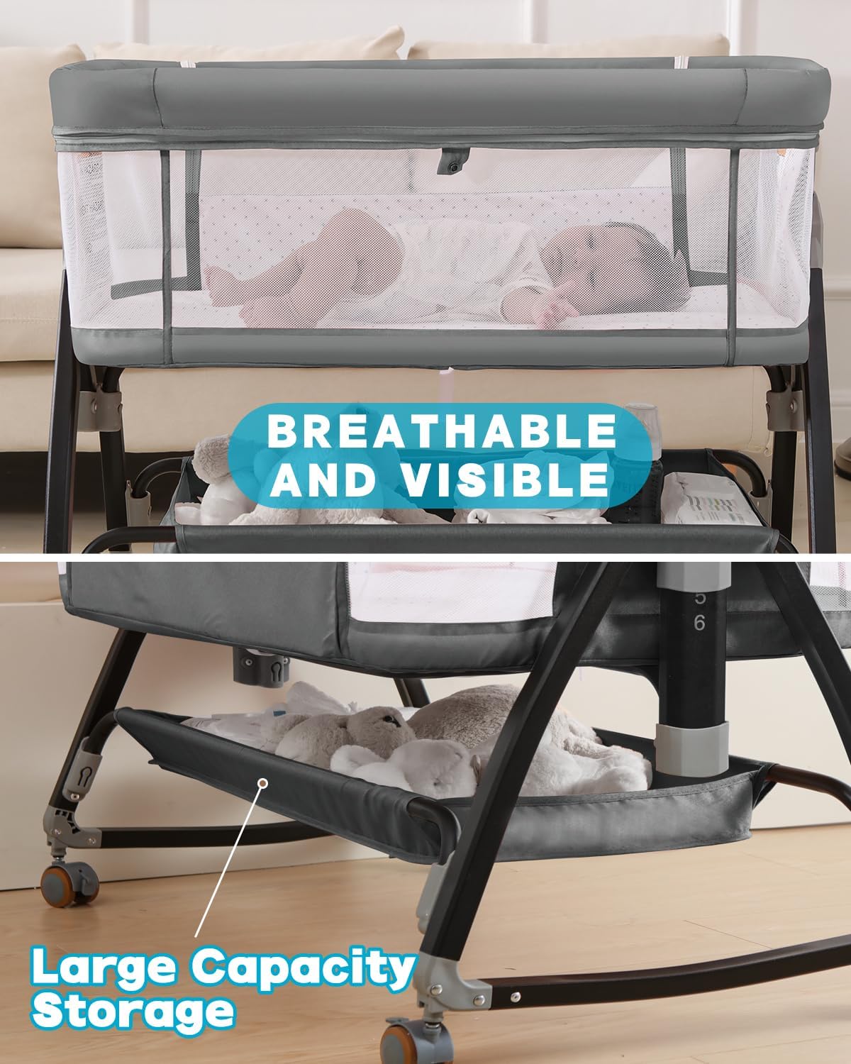 Bassinet Bedside Sleeper with Wheels, Breathable Mesh Bedside Bassinet for Baby, Mosquito Net, Storage Basket