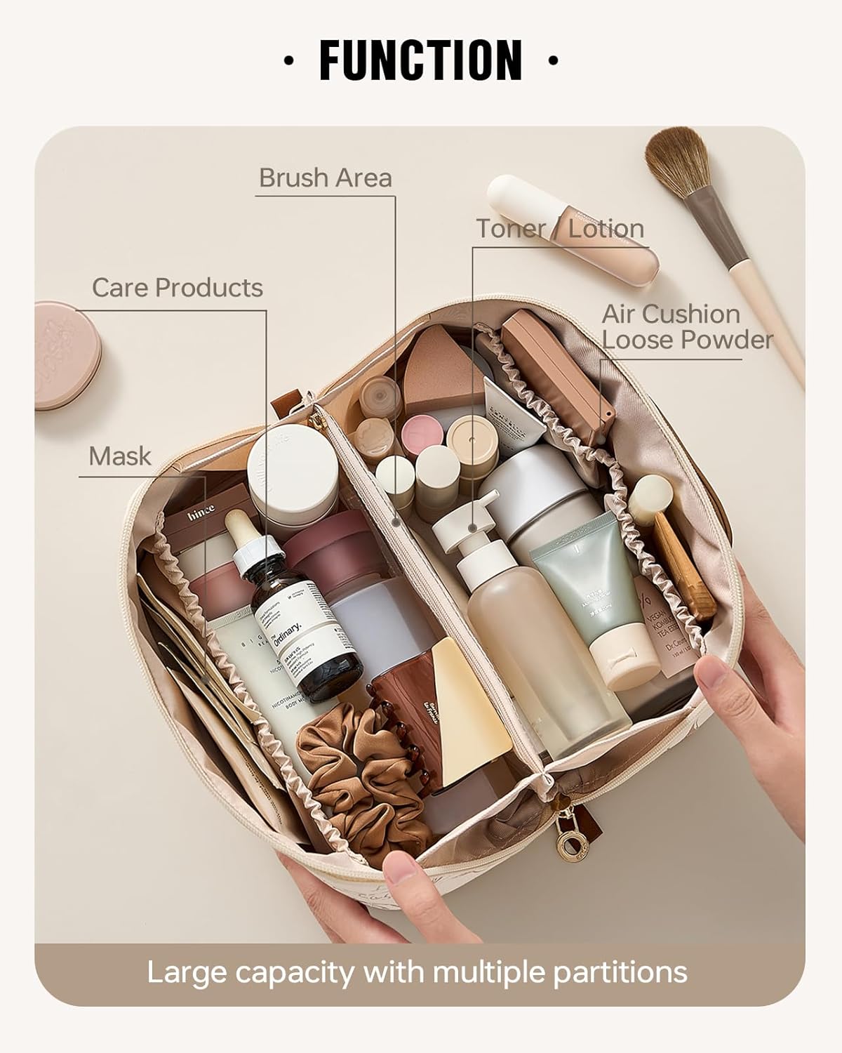 Travel Makeup Bag, Large Capacity Cosmetic Bags for Women, Waterproof Portable Pouch Open Flat Toiletry Bag Pattern Make up Bag (F-Beige)