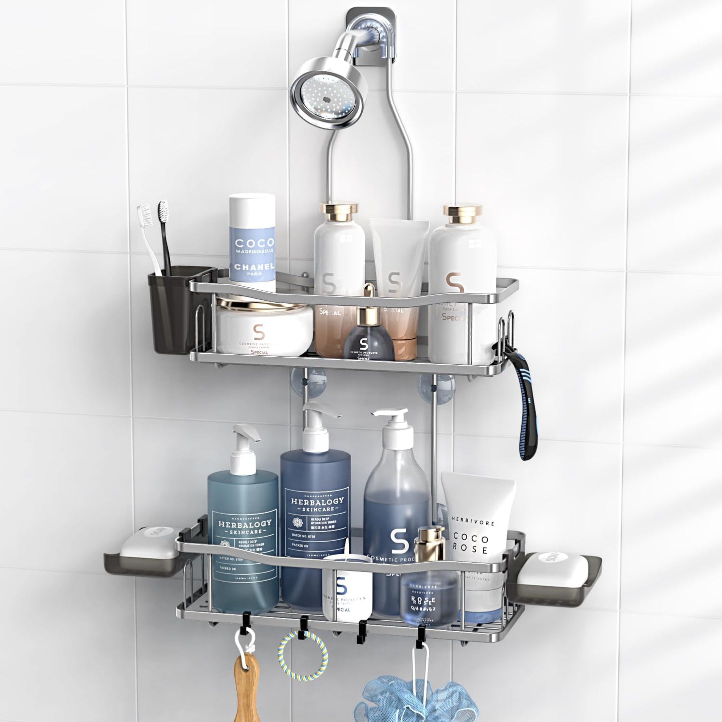 Hanging Shower Caddy Bathroom Organizer: Rustproof Shower Shelf Racks Over Shower Head - No Drilling