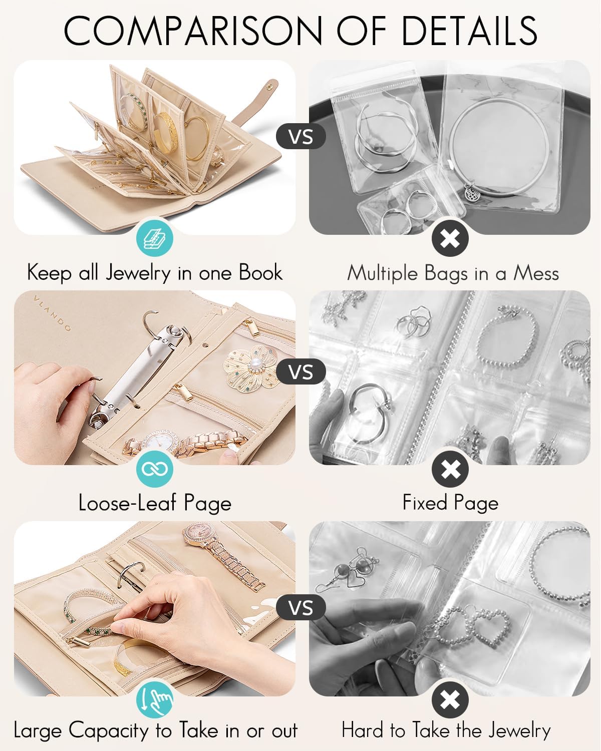 Travel Jewelry Organizer Case,Jewelry Storage Book Ring Binder with Clear Zipper Velvet Pouch Bag