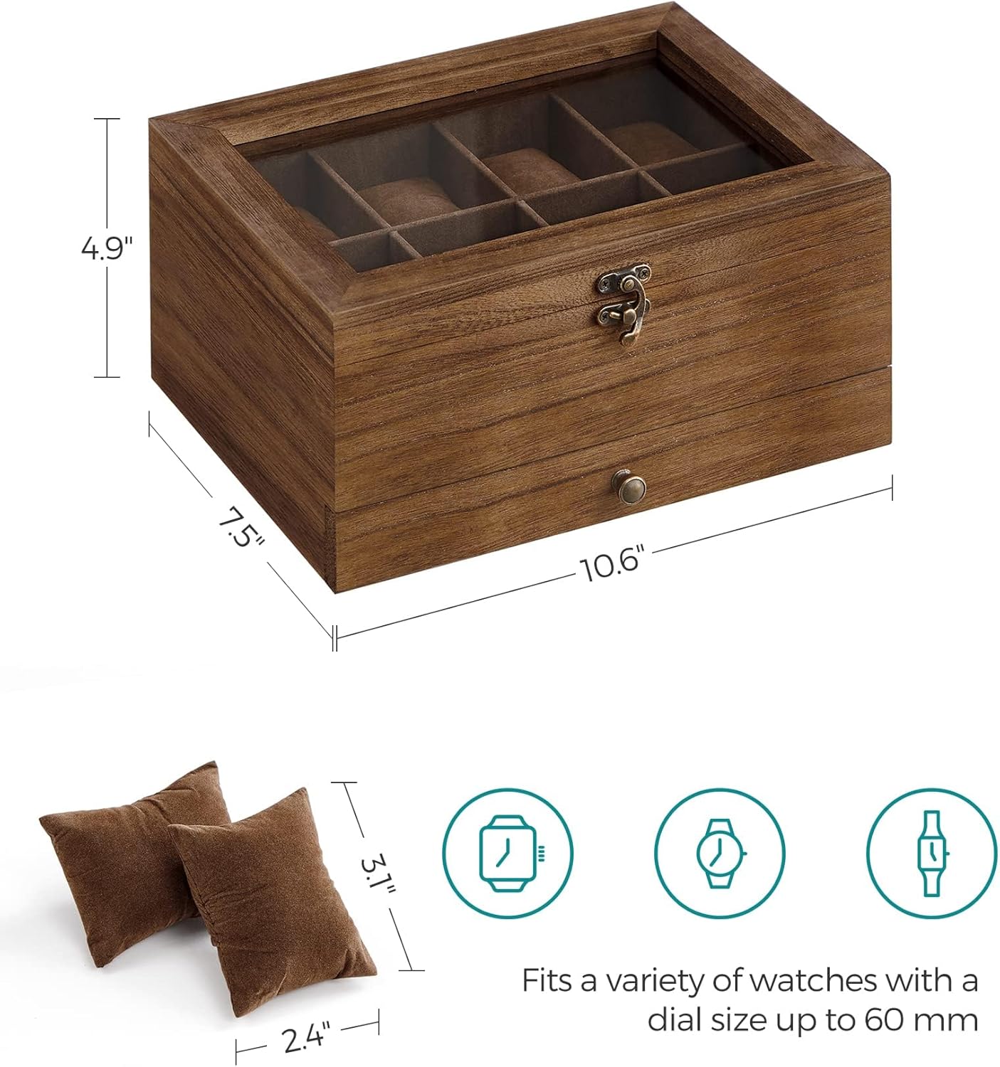 8-Slot Watch Box, 2-Tier Watch Display Case with Large Glass Lid, Removable Watch Pillows