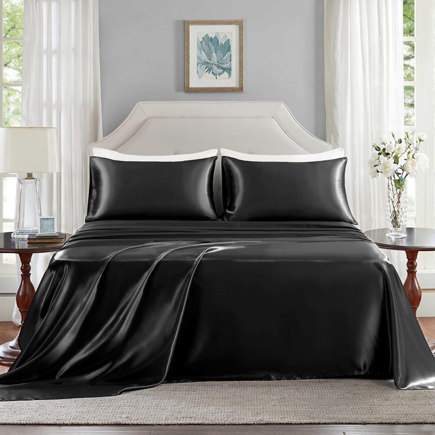 Satin Sheets Full Size - 4 count Luxury Silky Soft Bed Sheets, Wrinkle-Free Black Satin Silk Sheet Set
