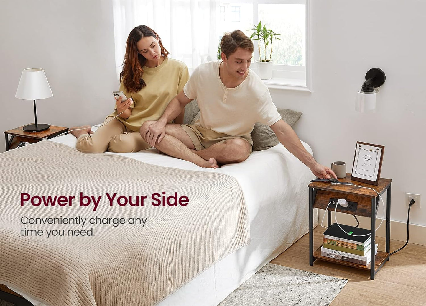 Small Side Tables, Nightstand with Outlets and USB Ports, Bedside Table with Storage Shelf