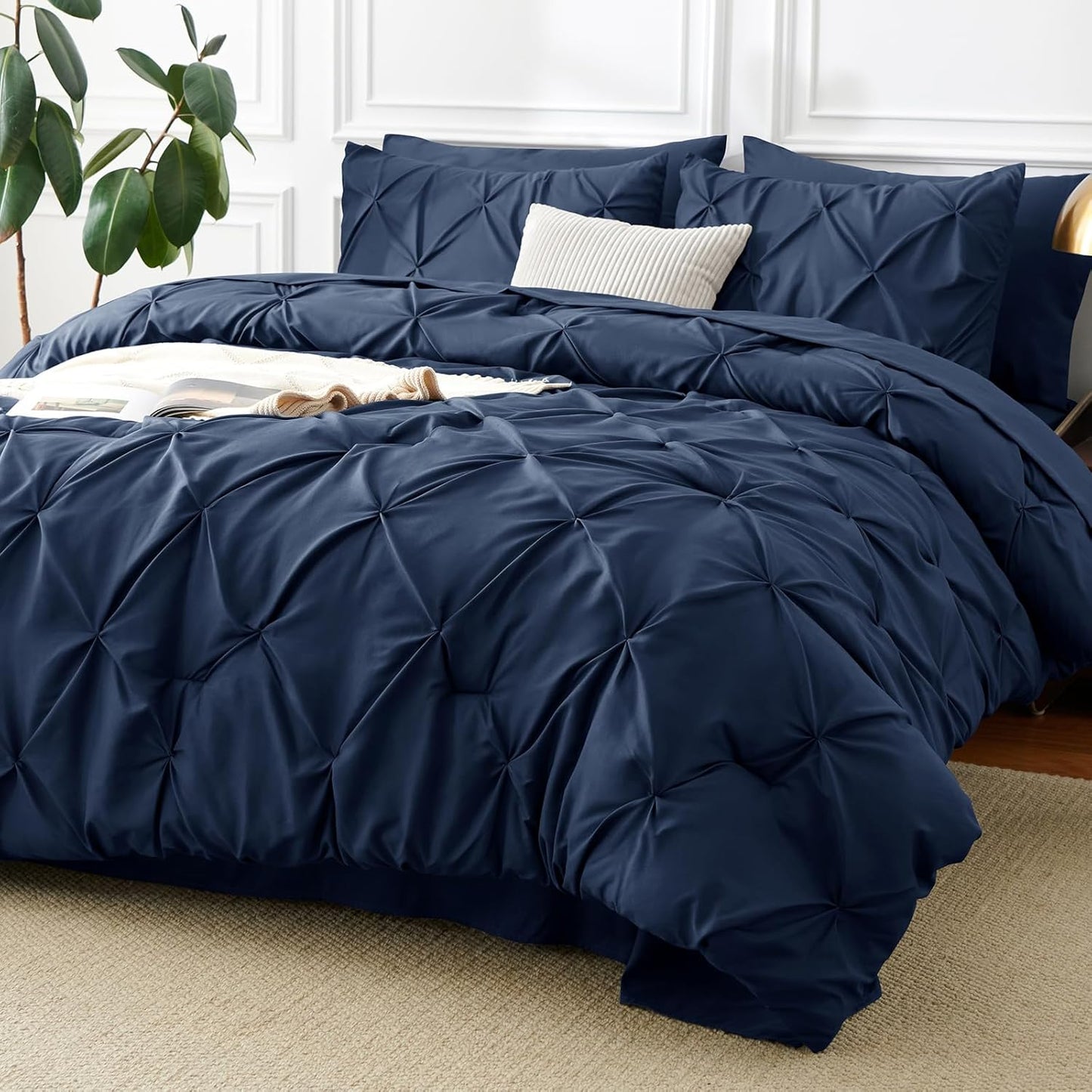Queen Comforter Set Black, 7 count Pintuck Bed in A Bag, Premium Black Comforter Queen Size