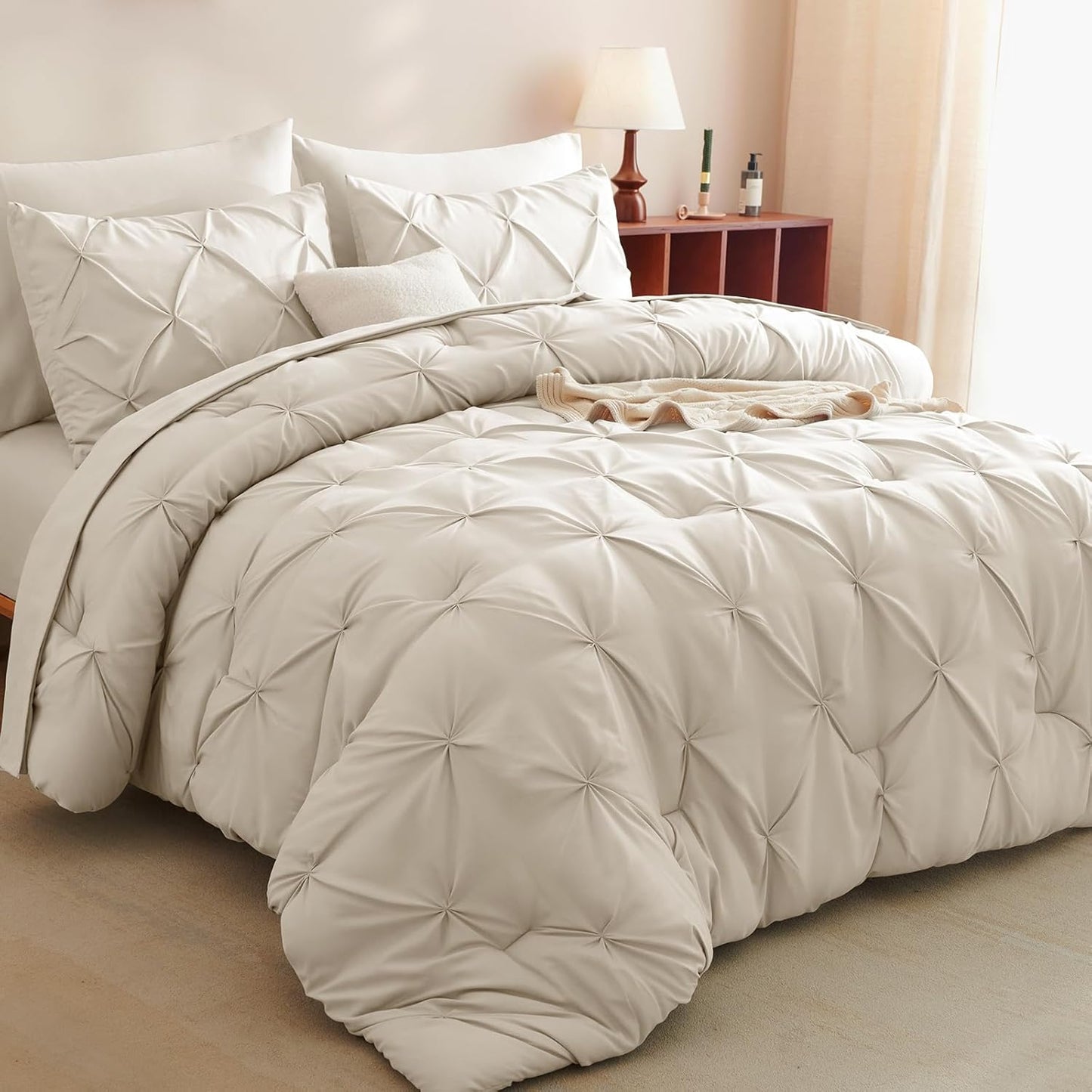 Queen Comforter Set Black, 7 count Pintuck Bed in A Bag, Premium Black Comforter Queen Size