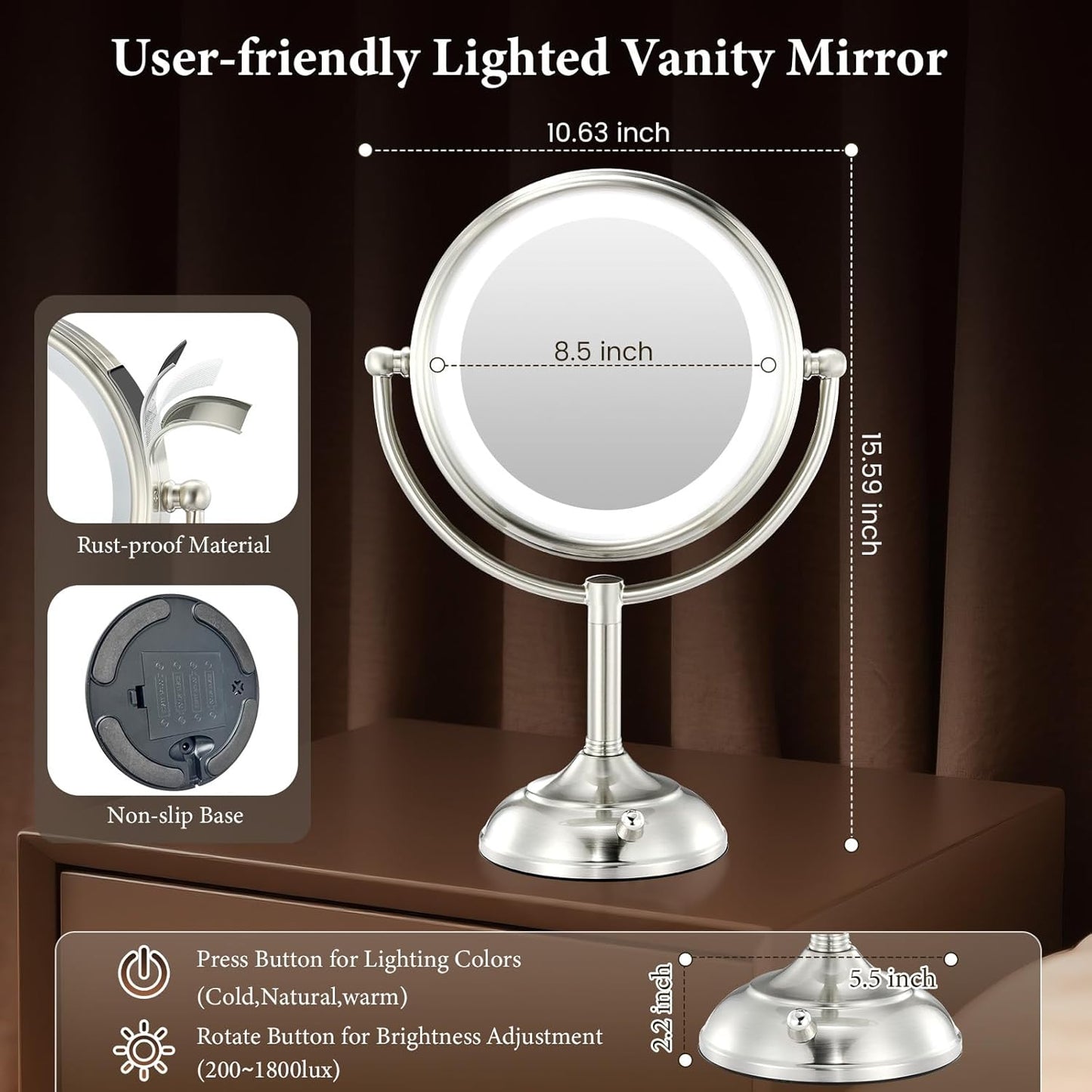 8.5" Large Lighted Makeup Mirror , 1X/10X True HD Magnifying Mirror 360°Swivel Seamless Vanity Mirror