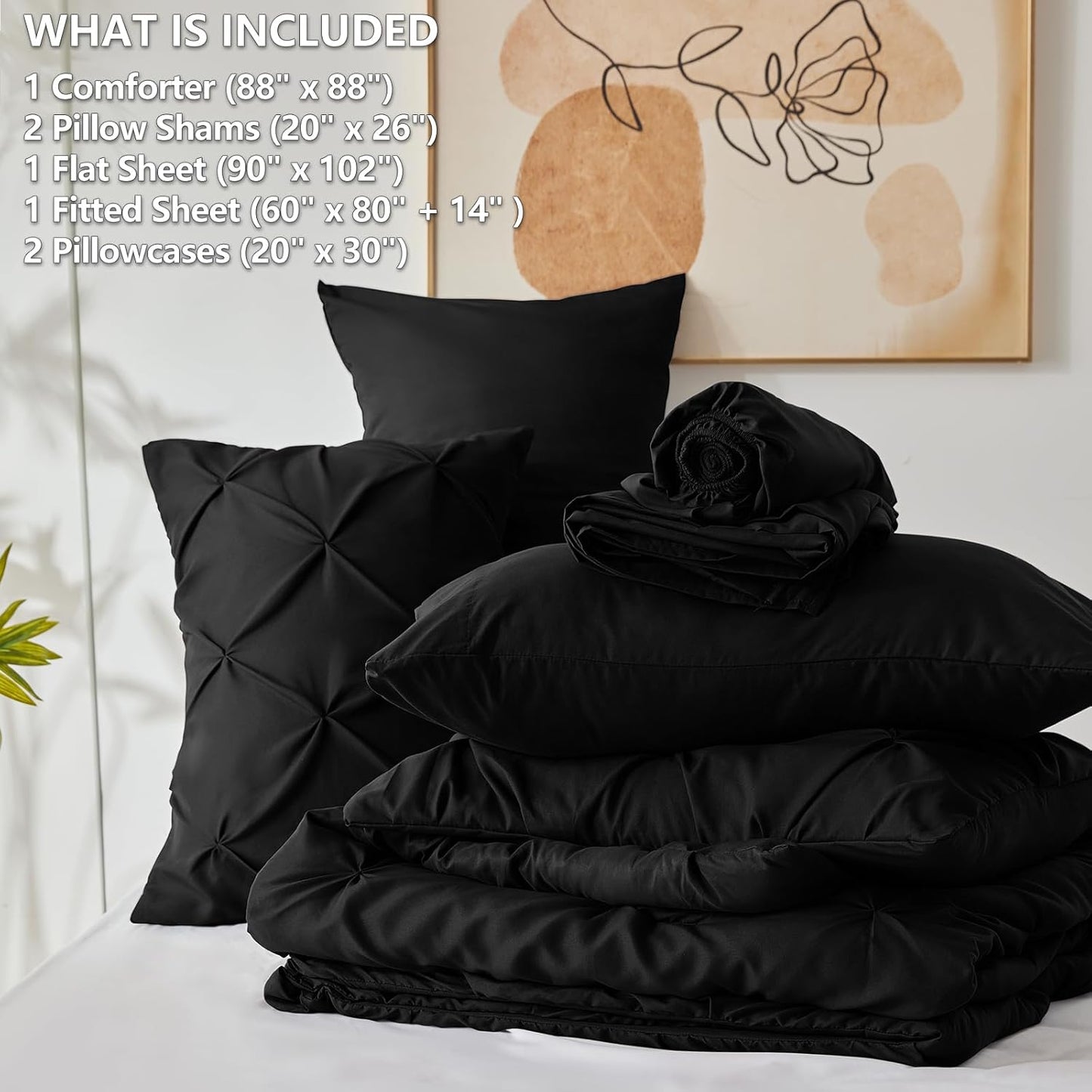 Queen Comforter Set Black, 7 count Pintuck Bed in A Bag, Premium Black Comforter Queen Size
