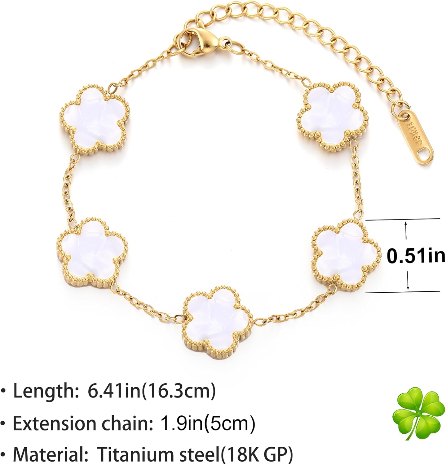 Four Leaf Clover Bracelet for Women 18K Gold Plated Stainless Steel Lucky 4 Leaf Gold Link Bracelet Jewelry Gift for Women
