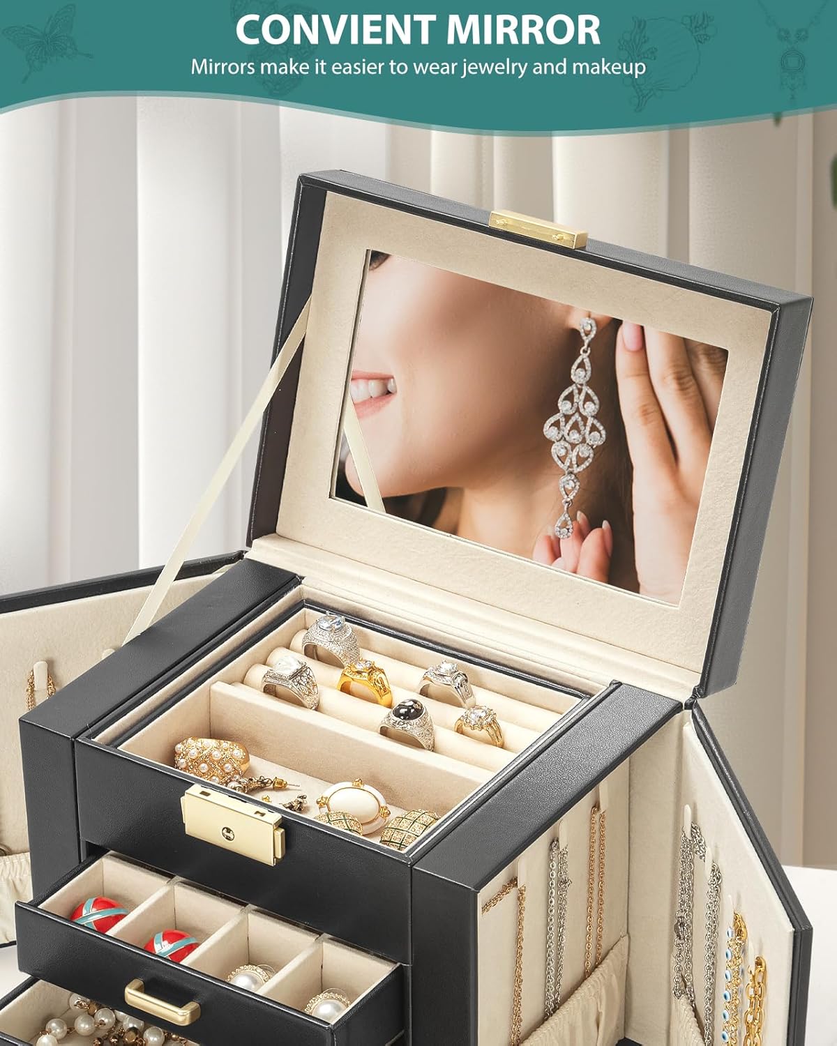 4-Tier Jewelry Box Leather Jewelry Storage Organizer with 3 Drawers Lockable