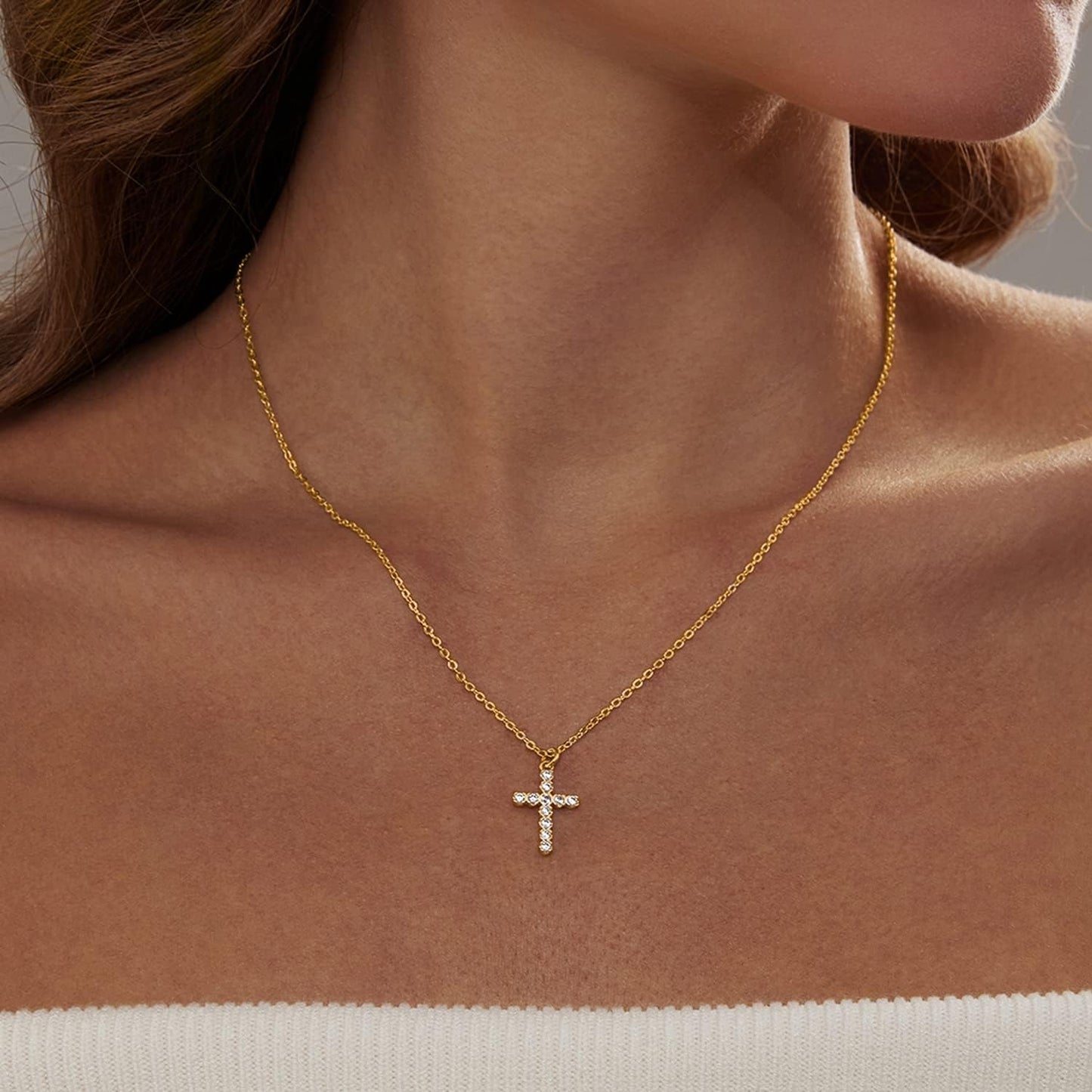 Tiny Cubic Zirconia Cross Necklace: 18K Gold/Silver Plated Dainty Layered Pendant For Women, Minimalist Faith Jewelry Gift