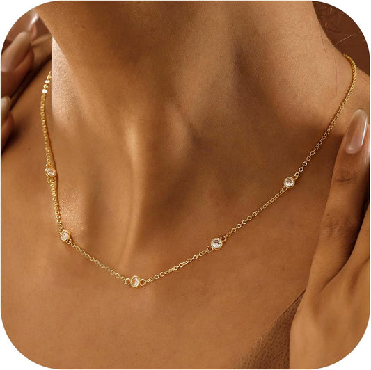 14K Gold Plated Charm Choker Necklace with Pearl & Clover, Cubic Zirconia Dainty Trendy Jewelry Gift for Women