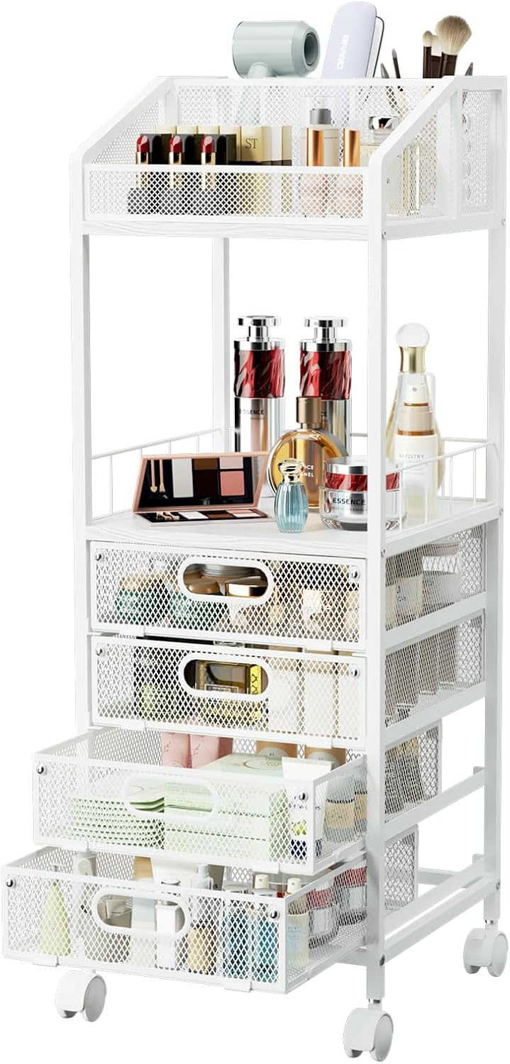 Makeup Organizer Storage Cart - Floor Skincare Make Up Storage with 4 Drawers, Rolling Makeup