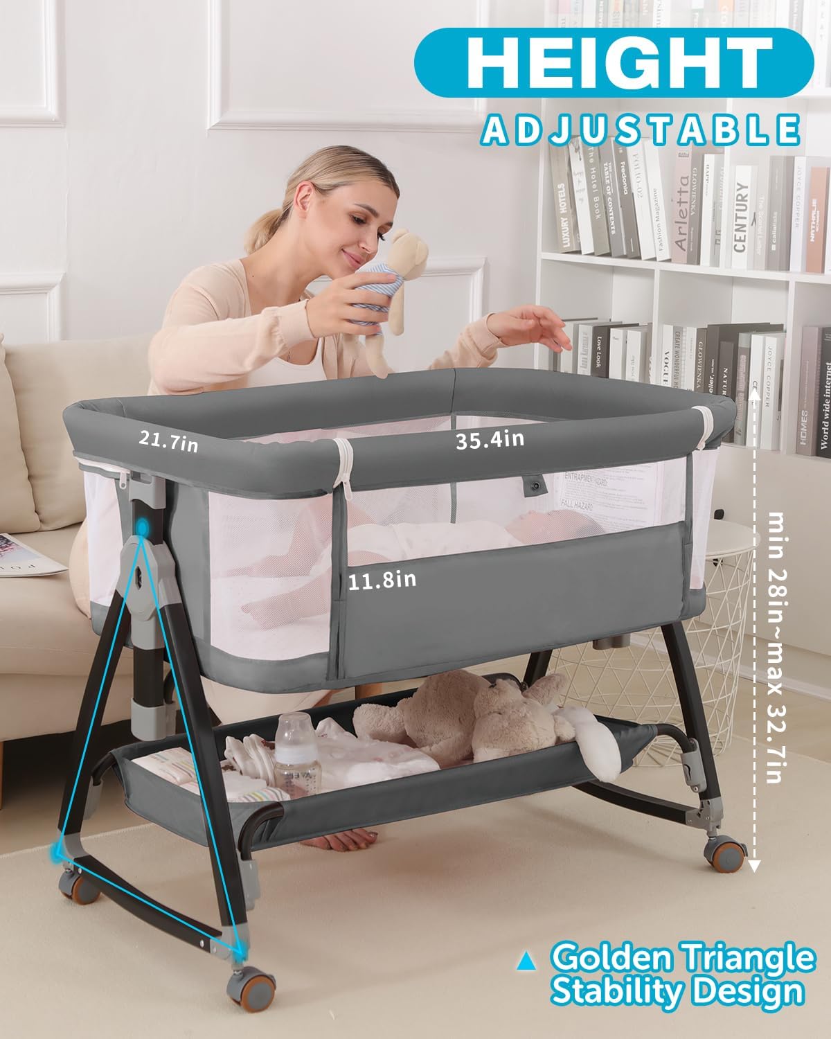 Bassinet Bedside Sleeper with Wheels, Breathable Mesh Bedside Bassinet for Baby, Mosquito Net, Storage Basket
