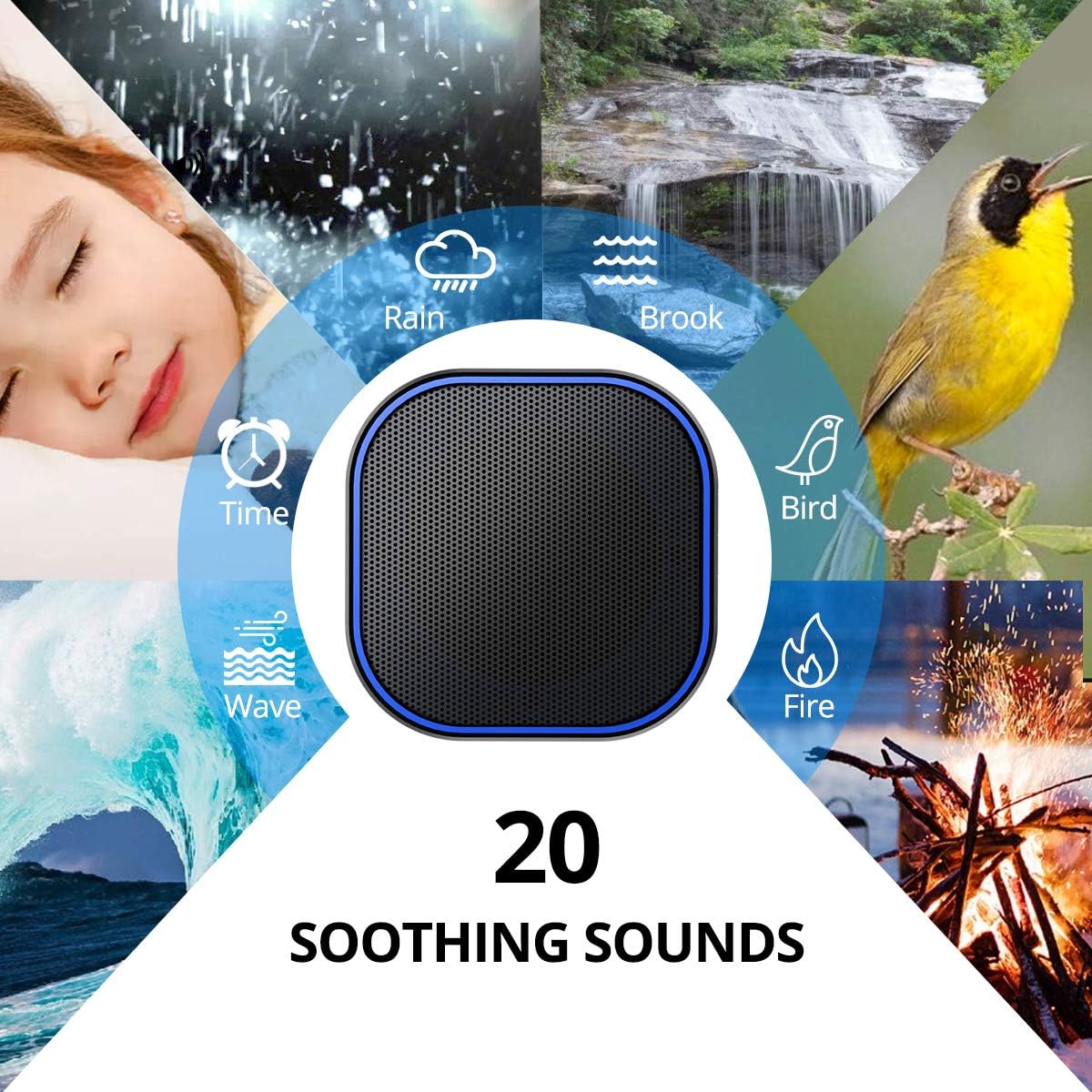 OMOMMD White Noise Machine with 20 Non Looping Natural Soothing Sounds Memory Function 32 Levels of Volume Powered by AC or USB and Sleep Sound Timer Therapy for Baby Kids Adults Black