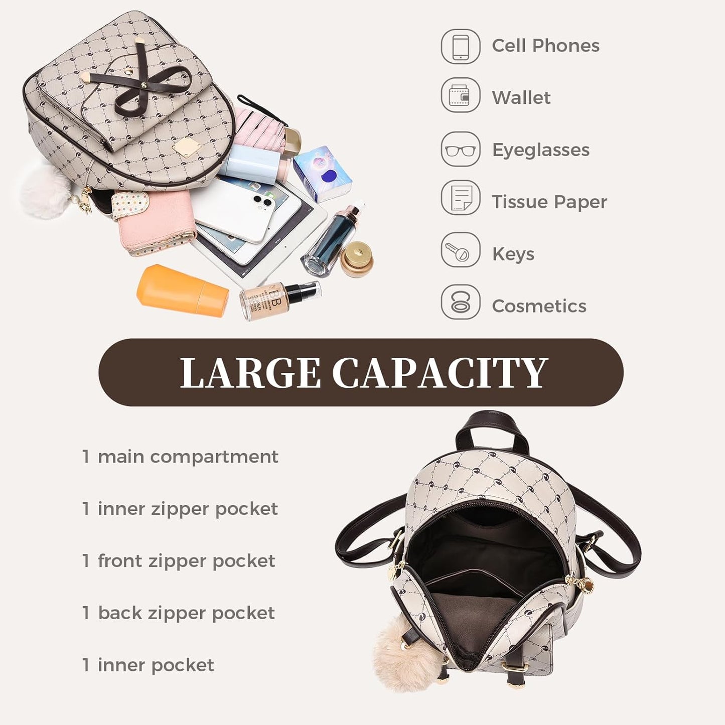 3-Pieces Girls Bowknot Fahsion Leather Backpack Backpack Purse for Women Rucksack
