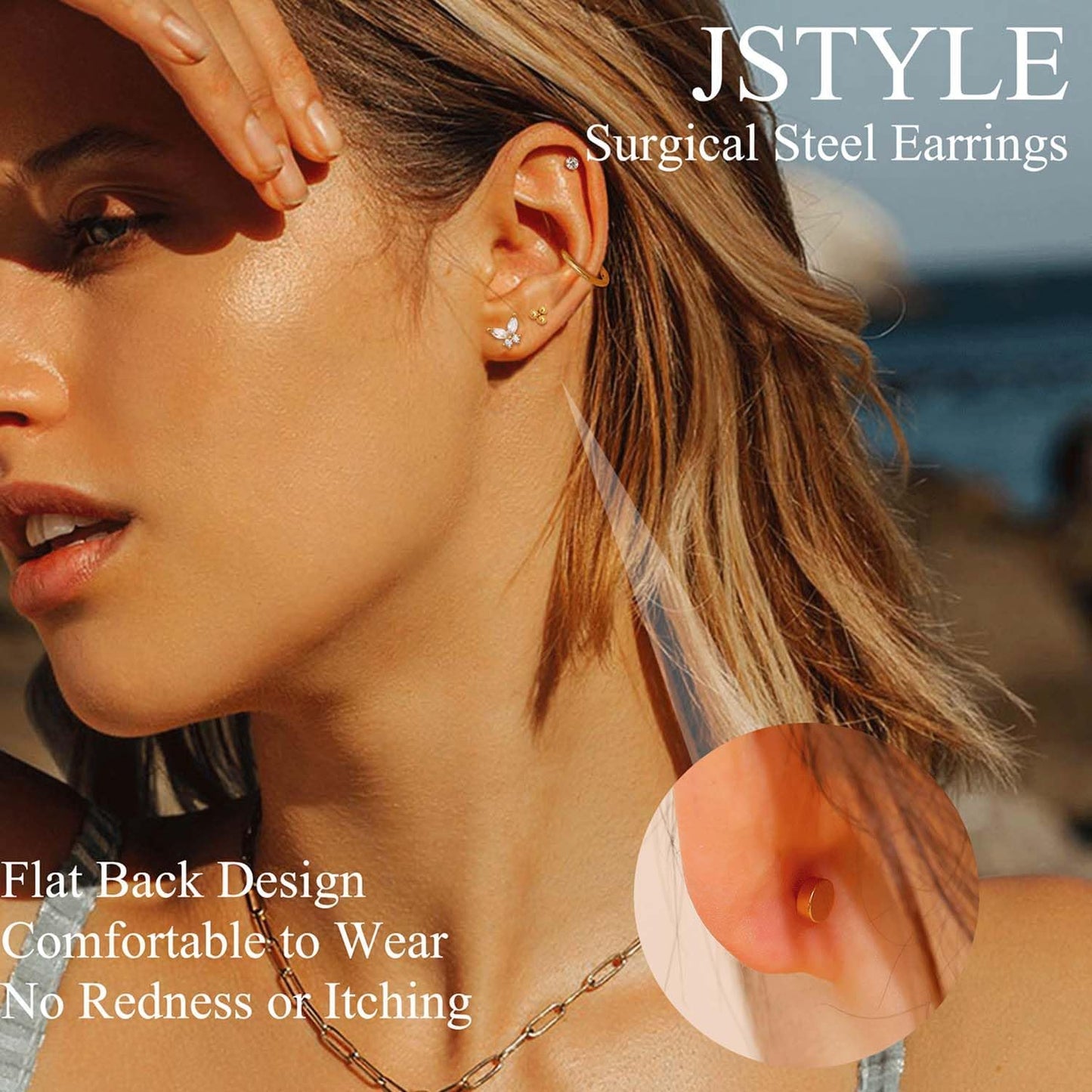 Jstyle Surgical Steel Earrings for Sensitive Ears 14K Gold Flat Back Earrings for Women Men Small Stainless Steel Earrings