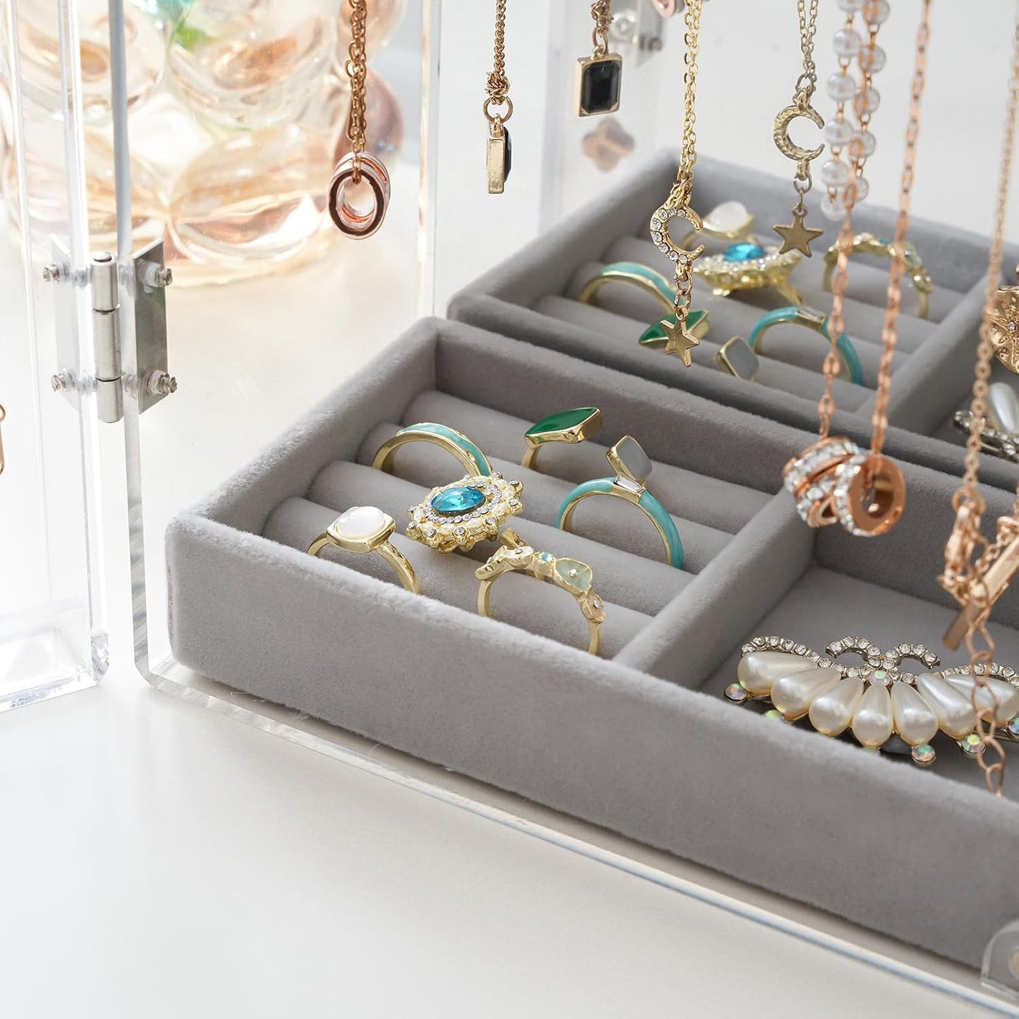 Acrylic Jewelry Organizer with 24 Hooks, Rotating Clear Necklaces Display Box with Built-in Mirror