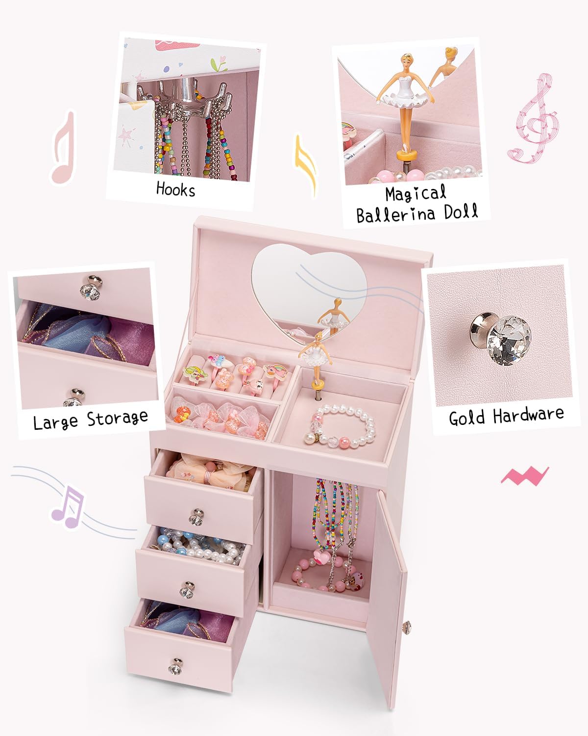 Musical Jewelry Box Girls, with Ballerina for Birthday Bedroom Decor, 4 Layer Girl Jewelry Gifts