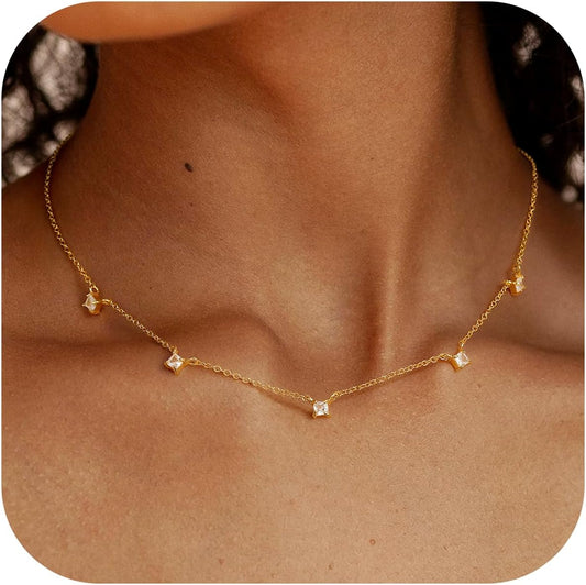14K Gold Plated Charm Choker Necklace with Pearl & Clover, Cubic Zirconia Dainty Trendy Jewelry Gift for Women