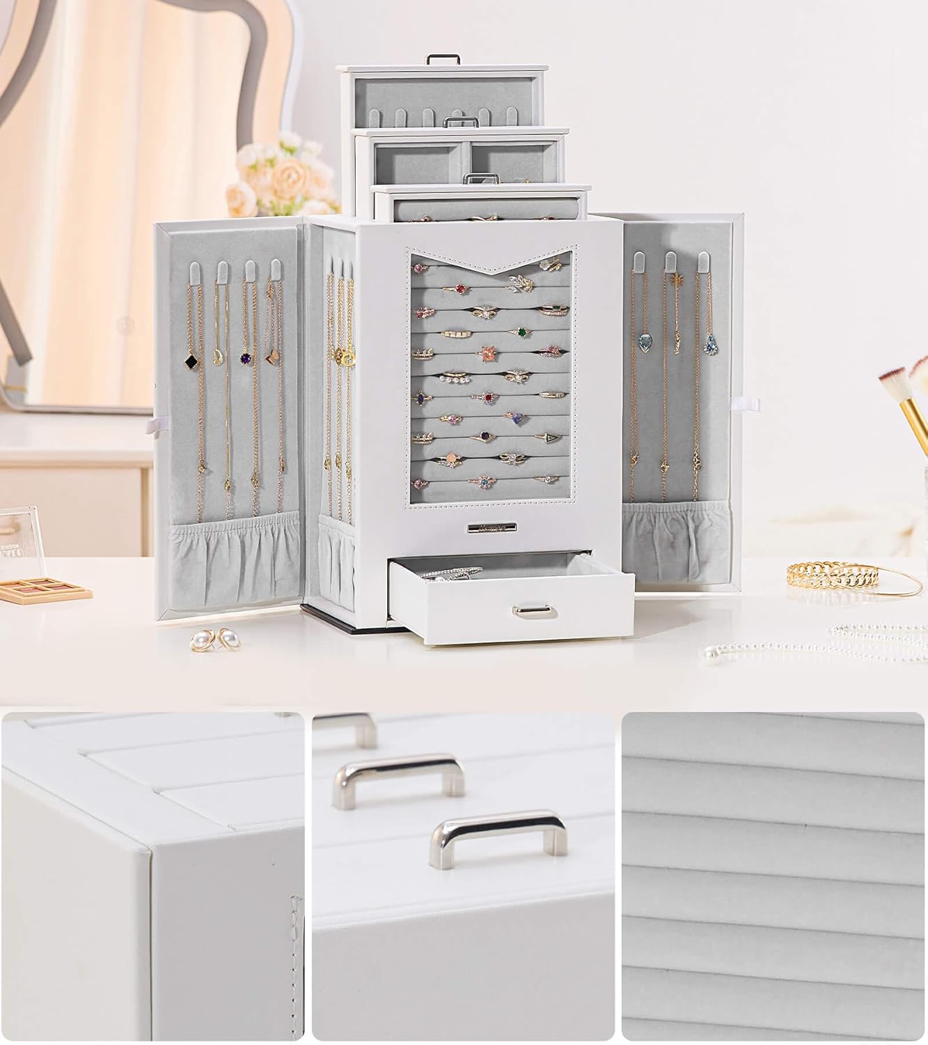 Jewelry Organizer with Transparent Window Necklace Hooks Jewelry Box for Necklaces Rings Earrings Bracelets