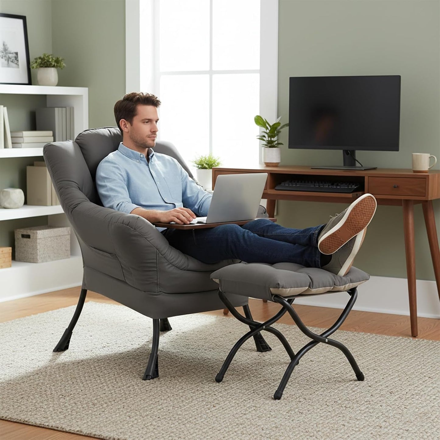 Lazy Lounge Chair with Ottoman and Side Pocket - Modern Accent Armchair with Armrests, Reading and Space Relaxation