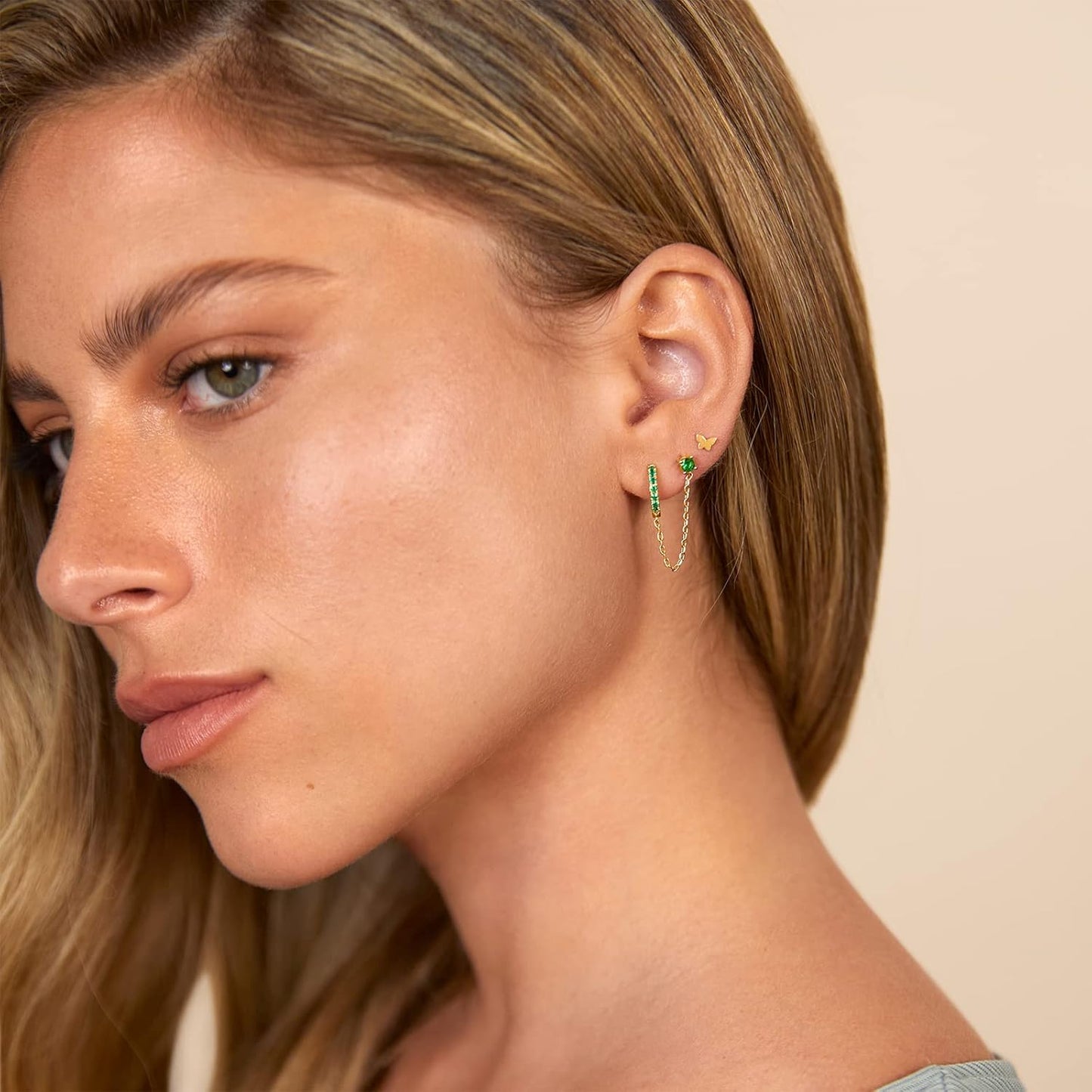 14K Gold Chain Earrings for Women | Double Piercing Dangle Chain Huggie Hoop Earrings | Cubic Zirconia Pearl Stud Ear Cuff Earrings for Women