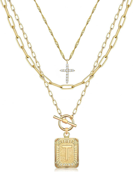Layered Initial Necklace: 14K Gold Plated with Cross & Letter Pendant, Paperclip Chain, Trendy Jewelry for Women