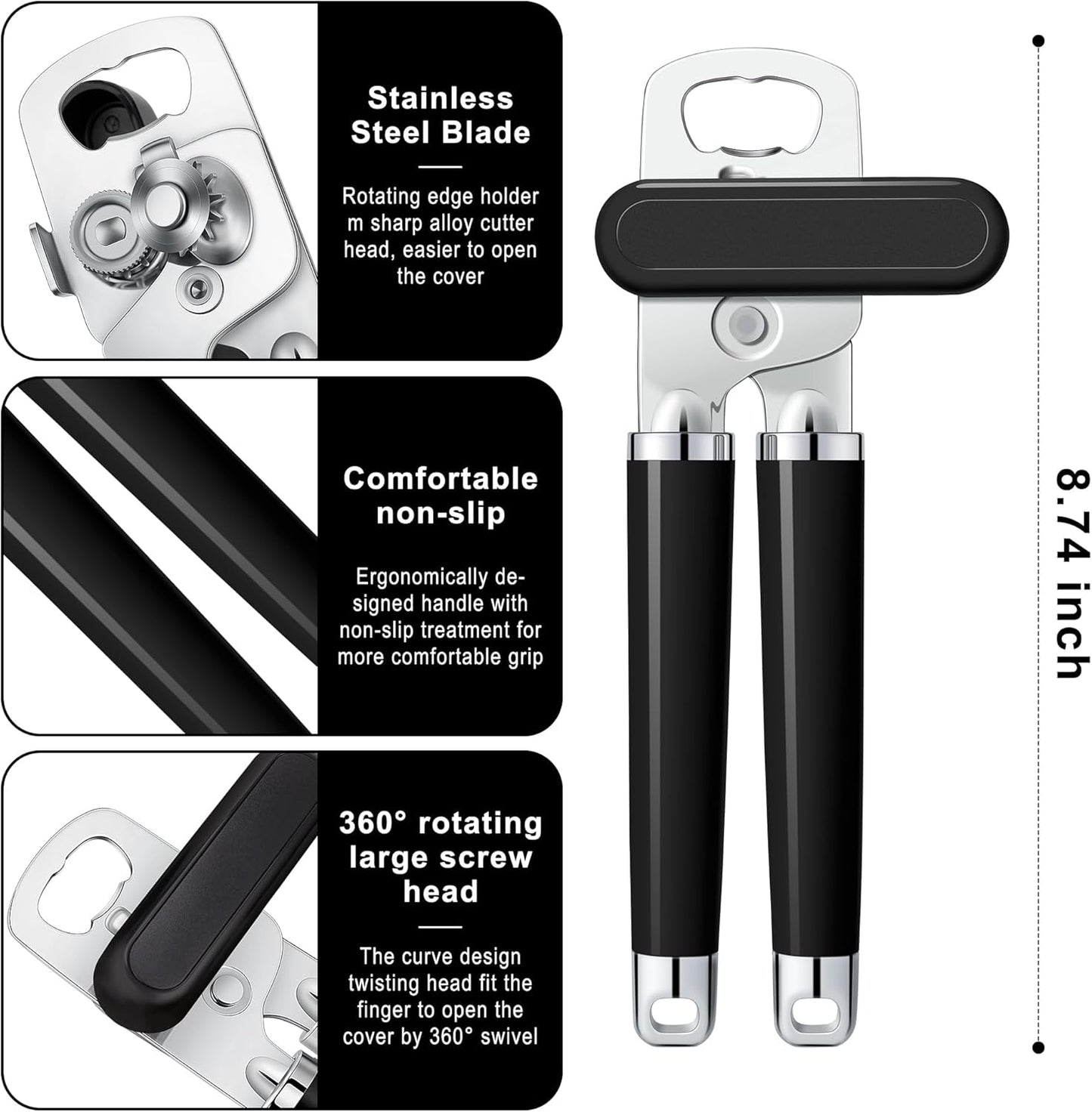 Large Heavy Duty Can Opener Manual Smooth Edge Stainless Steel, Comfortable Handle, Built-in Bottle Opener, 8.66 inch