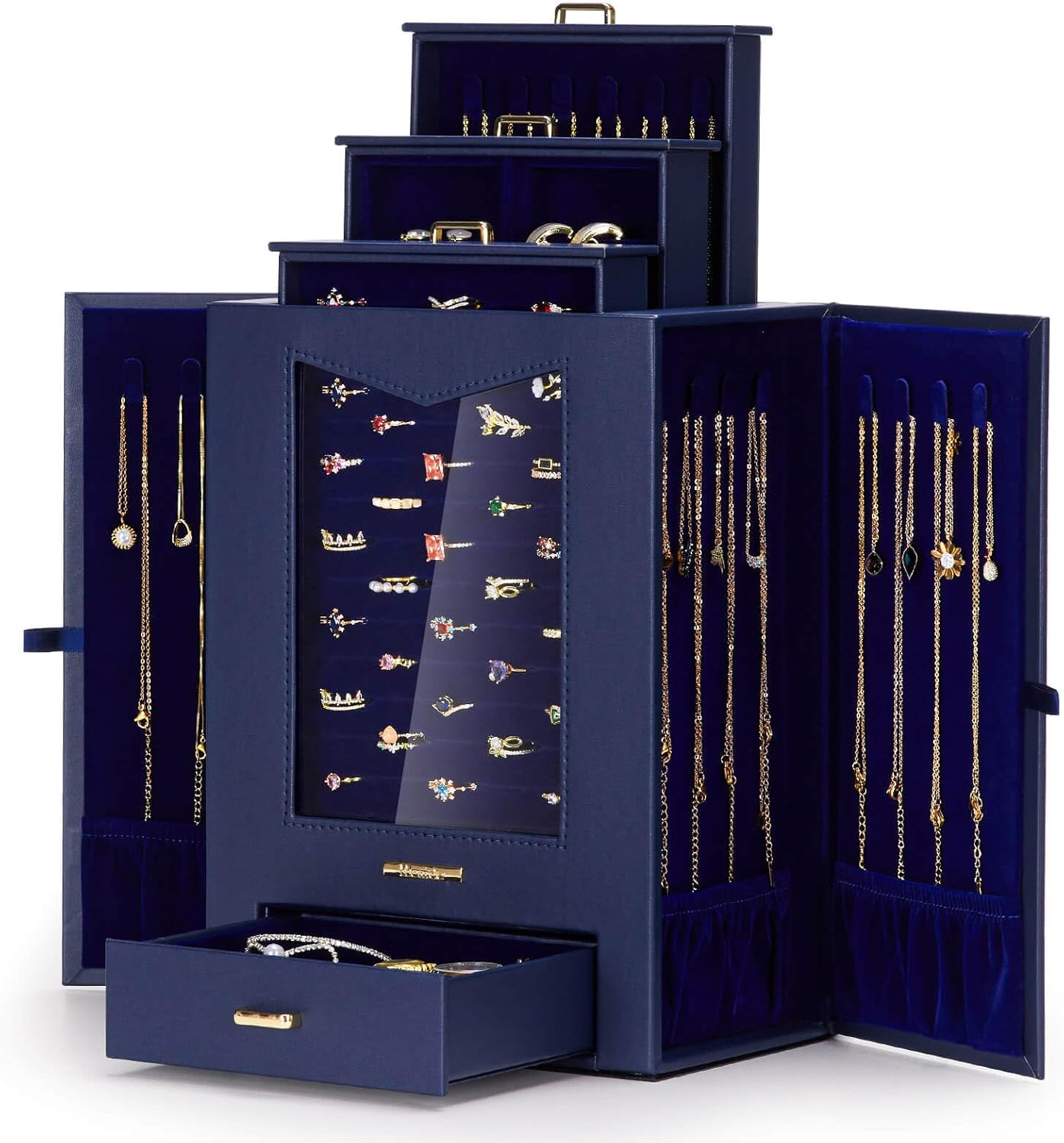 Jewelry Organizer with Transparent Window Necklace Hooks Jewelry Box for Necklaces Rings Earrings Bracelets