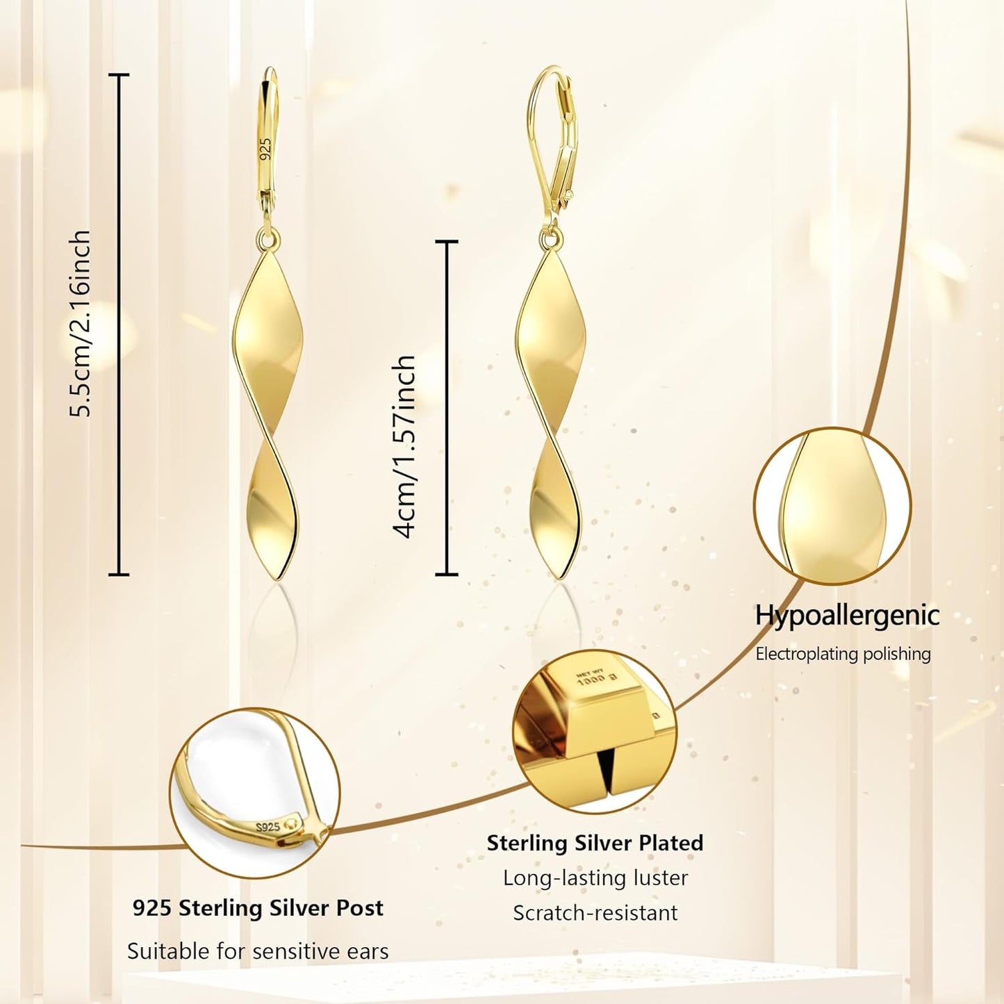 925 Sterling Silver Twisted Dangle Earrings for Women Hypoallergenic Handmade Earrings Spiral Leverback14k Gold Plated